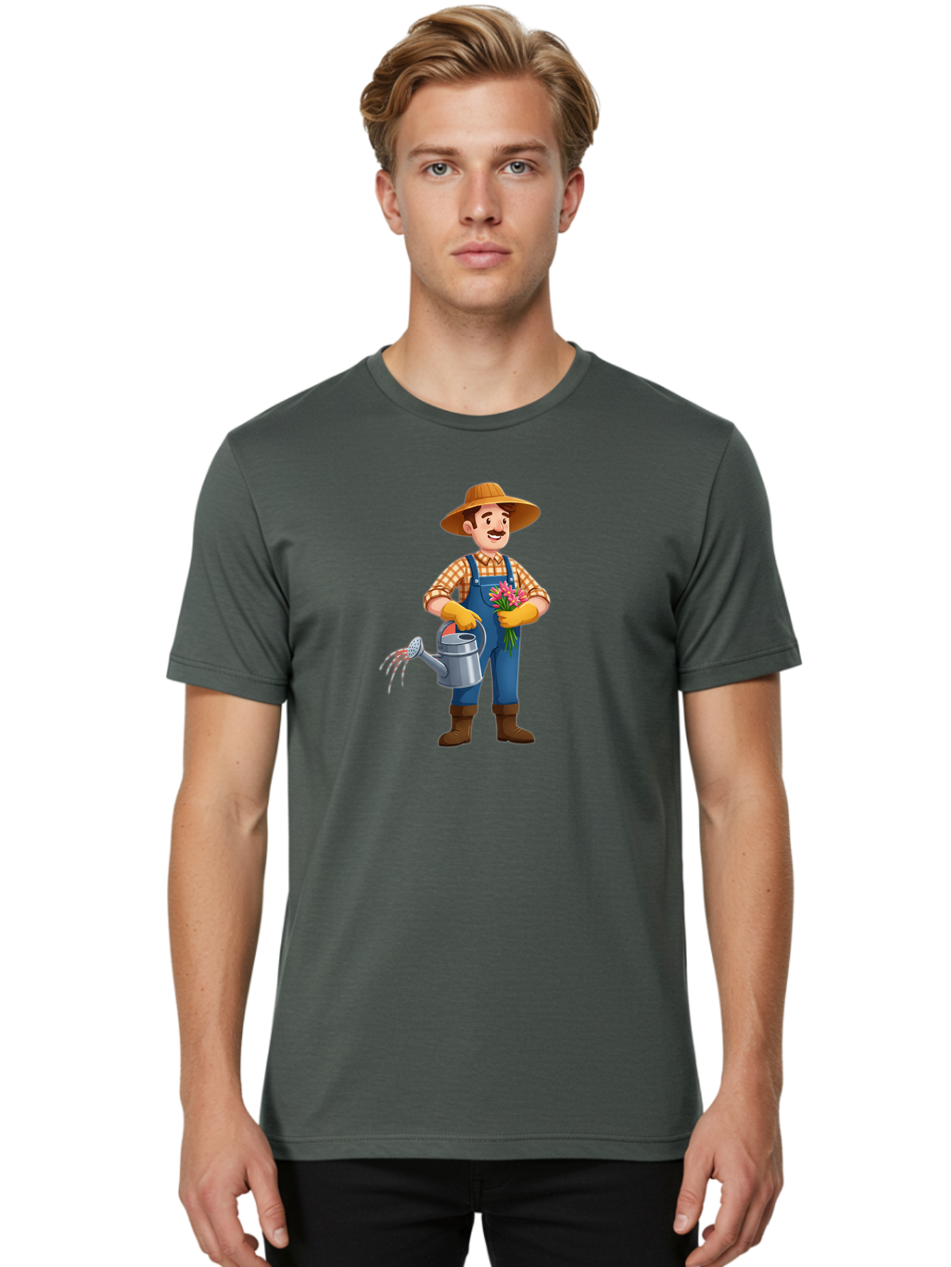 Farmer-With-Watering-Can Men'S Graphic Tee, 100% Cotton, Comfortable Casual Summer Wear, Machine Washable, Gardener Watering Plants, Bouquet Of Flowers, Gardening Tools, Rustic Clothing, Outdoor Activities, Plant Care, Gardening Lifestyle, Baa665
