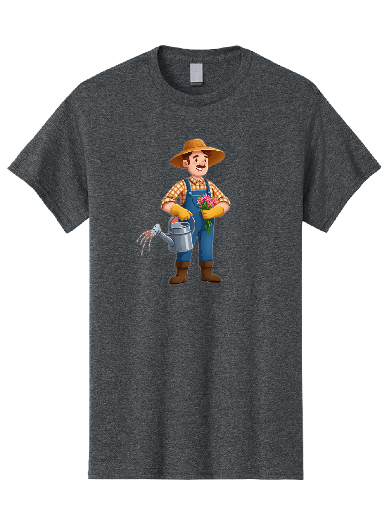 Farmer-With-Watering-Can Men'S Graphic Tee, 100% Cotton, Comfortable Casual Summer Wear, Machine Washable, Gardener Watering Plants, Bouquet Of Flowers, Gardening Tools, Rustic Clothing, Outdoor Activities, Plant Care, Gardening Lifestyle, Baa665