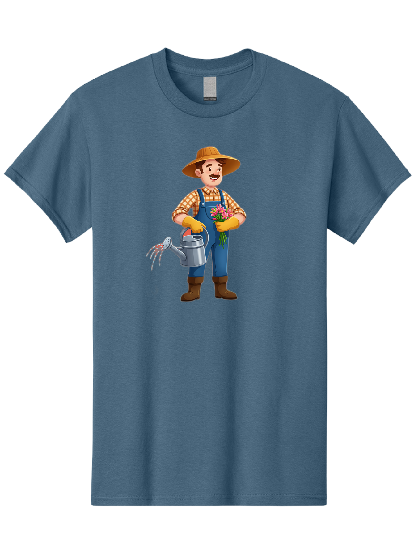 Farmer-With-Watering-Can Men'S Graphic Tee, 100% Cotton, Comfortable Casual Summer Wear, Machine Washable, Gardener Watering Plants, Bouquet Of Flowers, Gardening Tools, Rustic Clothing, Outdoor Activities, Plant Care, Gardening Lifestyle, Baa665