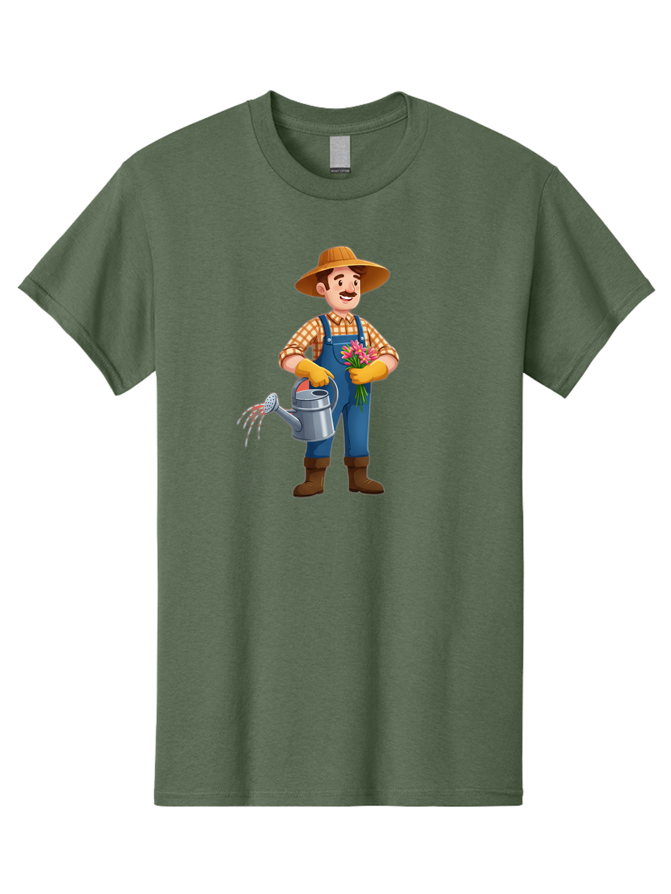 Farmer-With-Watering-Can Men'S Graphic Tee, 100% Cotton, Comfortable Casual Summer Wear, Machine Washable, Gardener Watering Plants, Bouquet Of Flowers, Gardening Tools, Rustic Clothing, Outdoor Activities, Plant Care, Gardening Lifestyle, Baa665