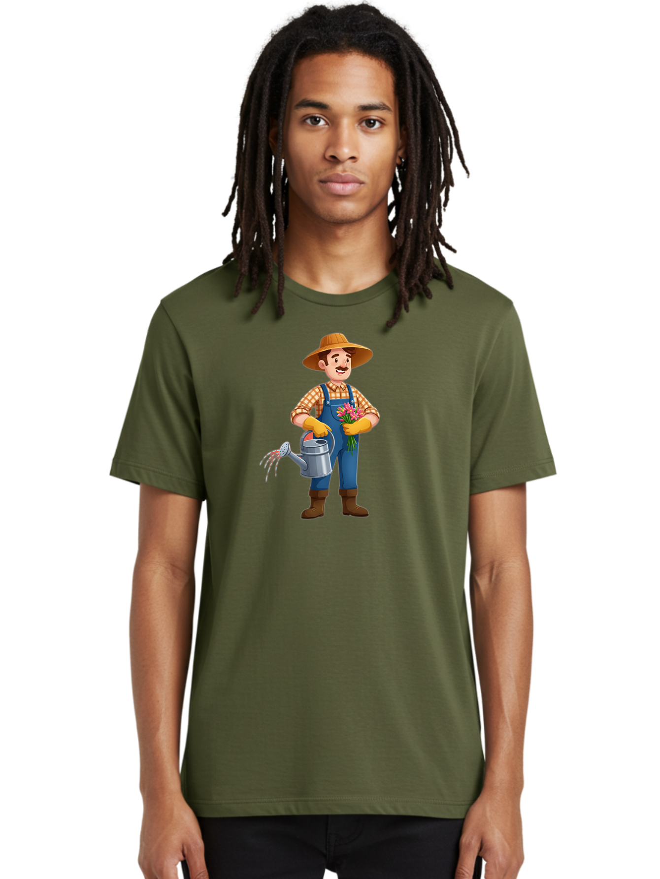 Farmer-With-Watering-Can Men'S Graphic Tee, 100% Cotton, Comfortable Casual Summer Wear, Machine Washable, Gardener Watering Plants, Bouquet Of Flowers, Gardening Tools, Rustic Clothing, Outdoor Activities, Plant Care, Gardening Lifestyle, Baa665