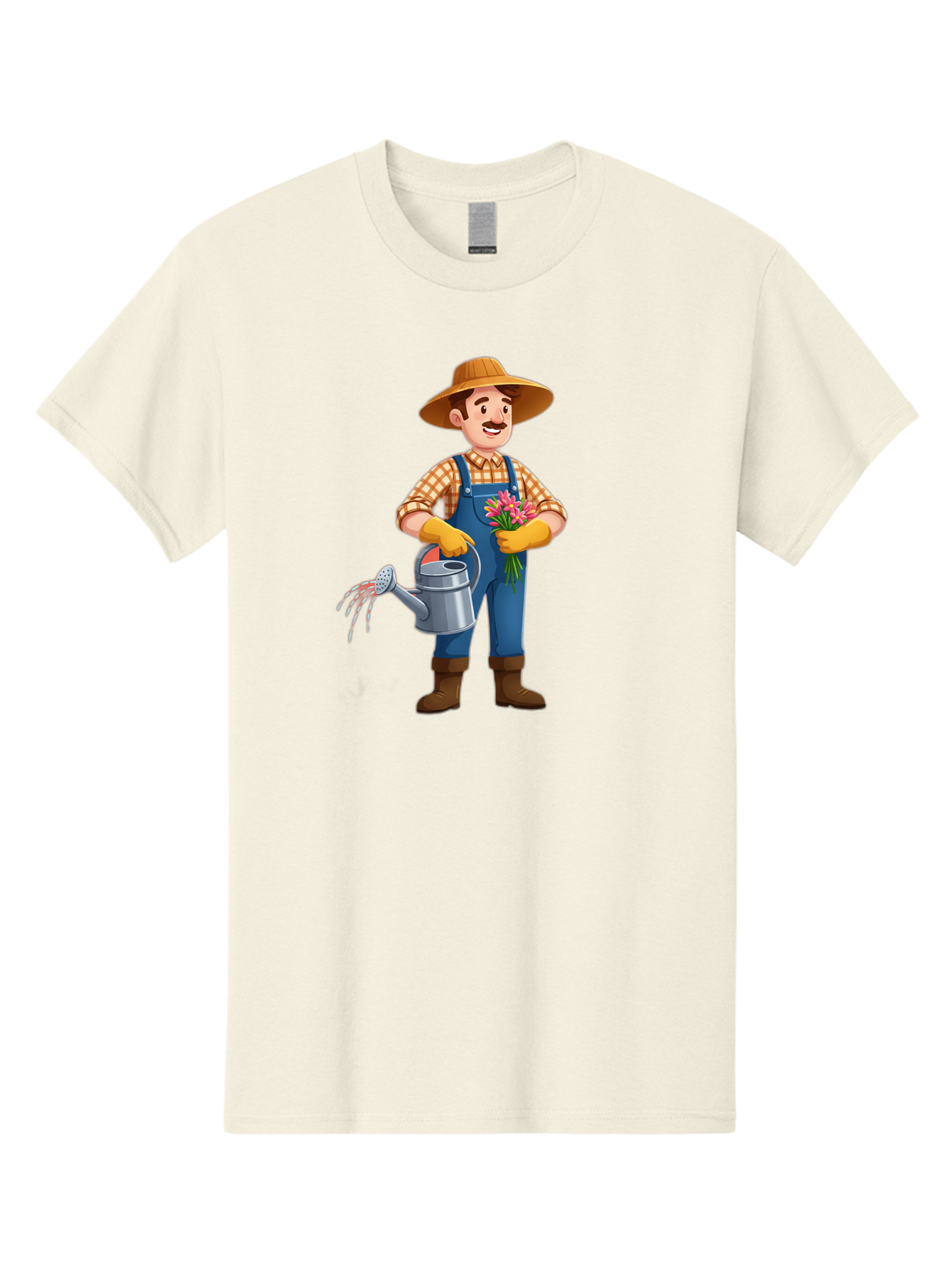 Farmer-With-Watering-Can Men'S Graphic Tee, 100% Cotton, Comfortable Casual Summer Wear, Machine Washable, Gardener Watering Plants, Bouquet Of Flowers, Gardening Tools, Rustic Clothing, Outdoor Activities, Plant Care, Gardening Lifestyle, Baa665