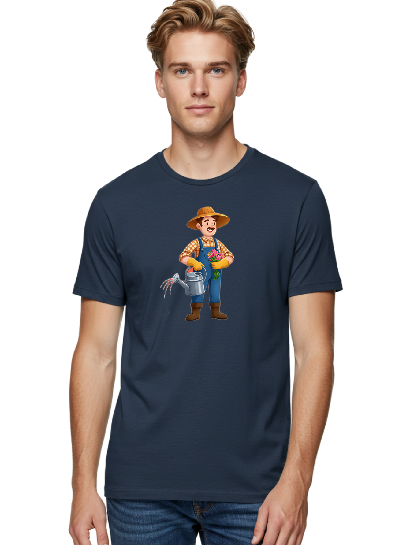 Farmer-With-Watering-Can Men'S Graphic Tee, 100% Cotton, Comfortable Casual Summer Wear, Machine Washable, Gardener Watering Plants, Bouquet Of Flowers, Gardening Tools, Rustic Clothing, Outdoor Activities, Plant Care, Gardening Lifestyle, Baa665