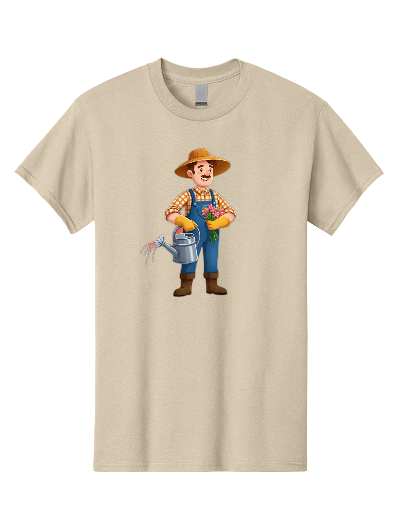 Farmer-With-Watering-Can Men'S Graphic Tee, 100% Cotton, Comfortable Casual Summer Wear, Machine Washable, Gardener Watering Plants, Bouquet Of Flowers, Gardening Tools, Rustic Clothing, Outdoor Activities, Plant Care, Gardening Lifestyle, Baa665
