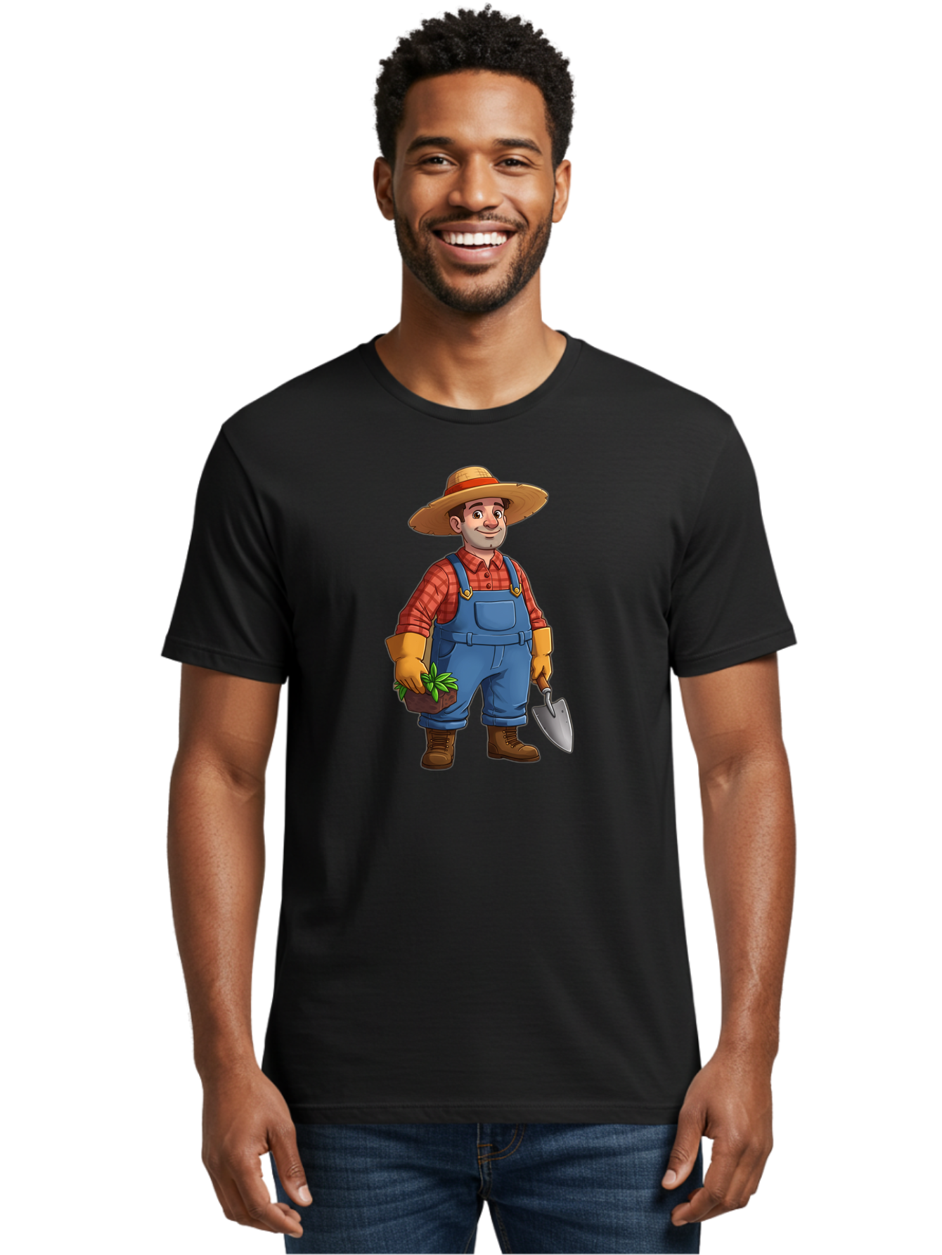 Farmer Men'S Graphic Tee, 100% Cotton, Comfortable Casual Summer Wear, Machine Washable, Gardener Holding Plant And Shovel, Gardening Tools, Outdoor Work, Farming Attire, Plaid Shirt, Overalls, Straw Hat, Agricultural Work, Gardening Gloves Baa666