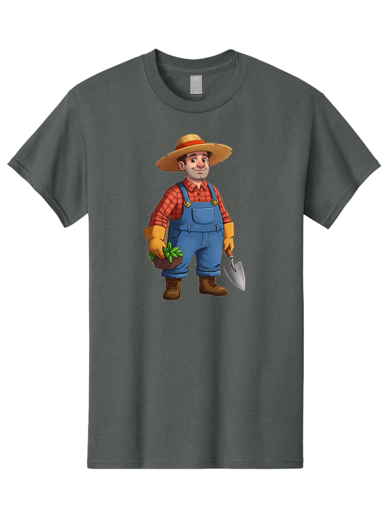 Farmer Men'S Graphic Tee, 100% Cotton, Comfortable Casual Summer Wear, Machine Washable, Gardener Holding Plant And Shovel, Gardening Tools, Outdoor Work, Farming Attire, Plaid Shirt, Overalls, Straw Hat, Agricultural Work, Gardening Gloves Baa666