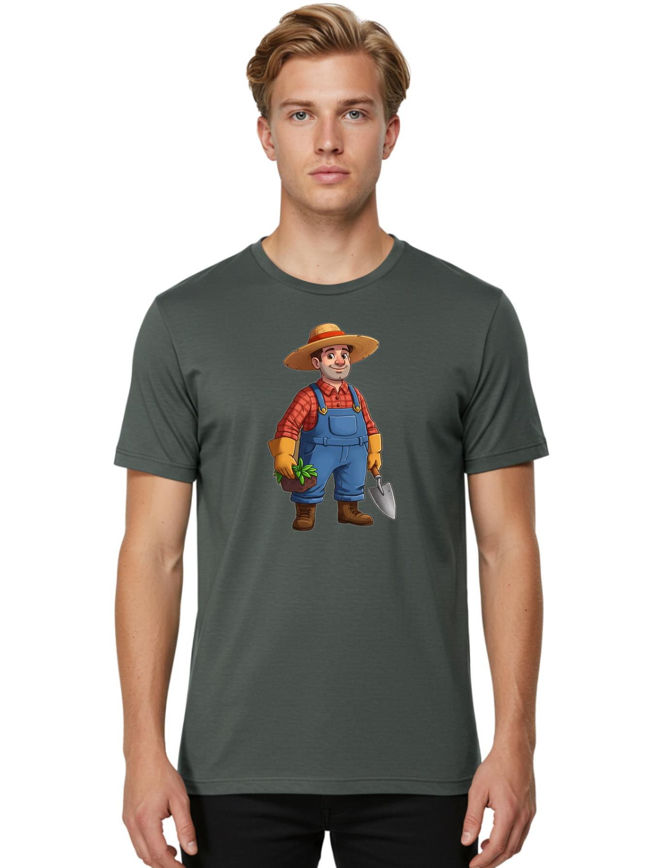 Farmer Men'S Graphic Tee, 100% Cotton, Comfortable Casual Summer Wear, Machine Washable, Gardener Holding Plant And Shovel, Gardening Tools, Outdoor Work, Farming Attire, Plaid Shirt, Overalls, Straw Hat, Agricultural Work, Gardening Gloves Baa666