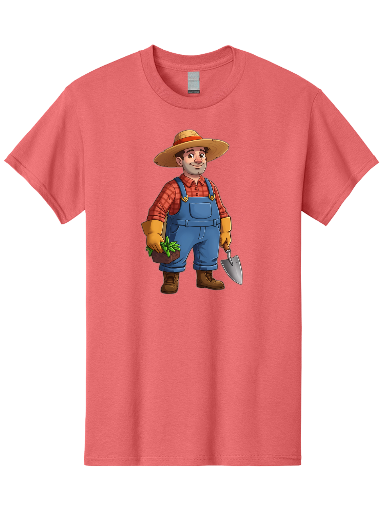 Farmer Men'S Graphic Tee, 100% Cotton, Comfortable Casual Summer Wear, Machine Washable, Gardener Holding Plant And Shovel, Gardening Tools, Outdoor Work, Farming Attire, Plaid Shirt, Overalls, Straw Hat, Agricultural Work, Gardening Gloves Baa666