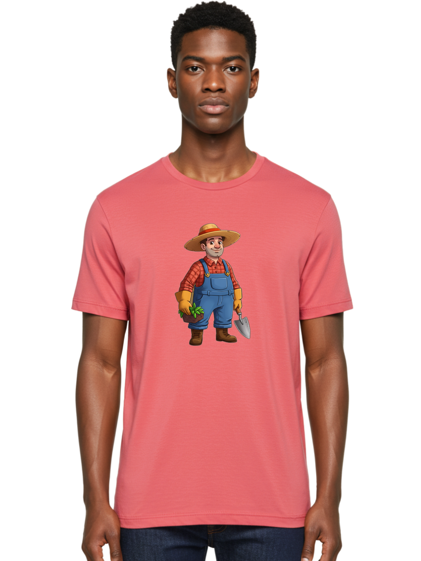 Farmer Men'S Graphic Tee, 100% Cotton, Comfortable Casual Summer Wear, Machine Washable, Gardener Holding Plant And Shovel, Gardening Tools, Outdoor Work, Farming Attire, Plaid Shirt, Overalls, Straw Hat, Agricultural Work, Gardening Gloves Baa666