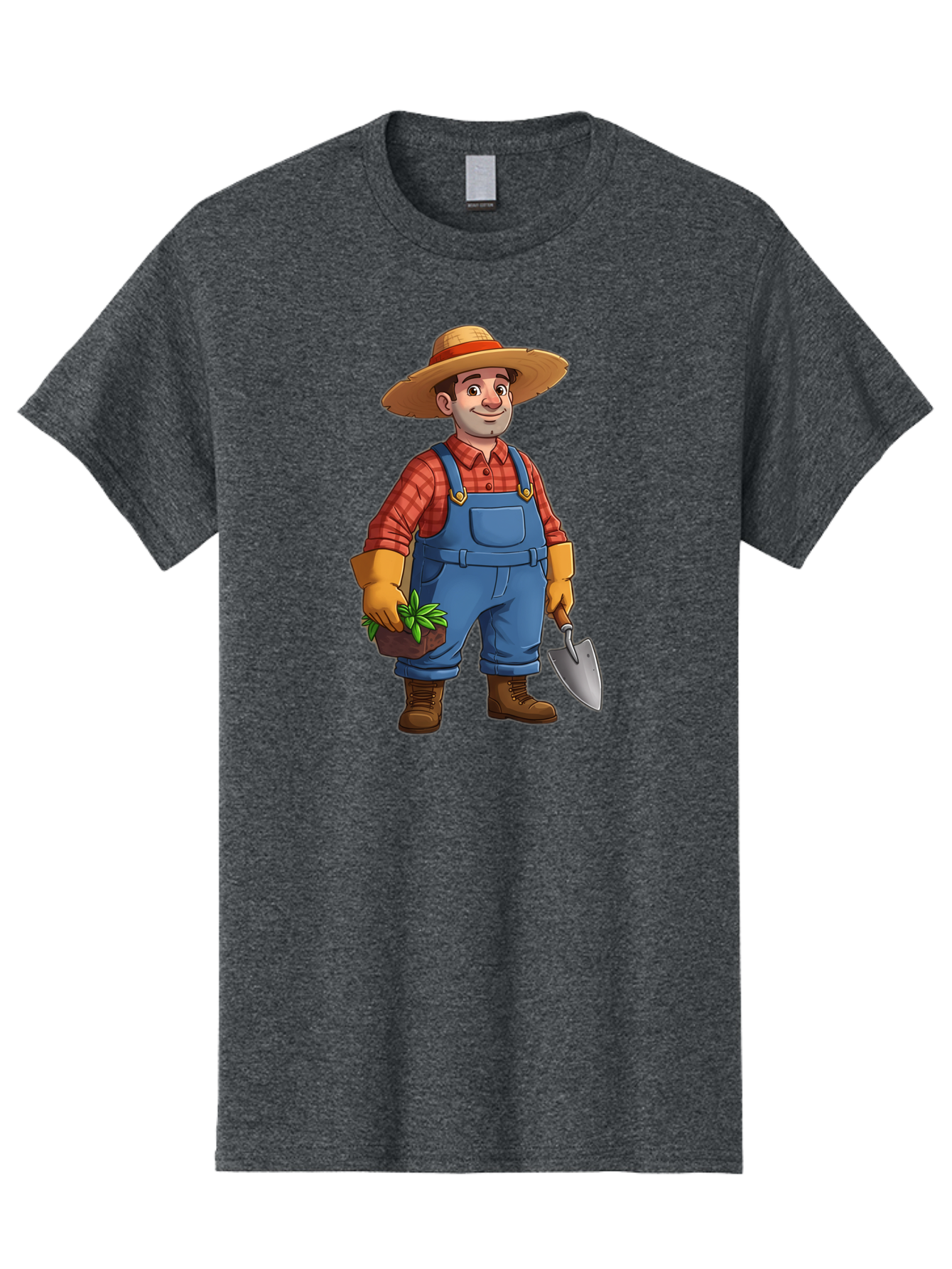 Farmer Men'S Graphic Tee, 100% Cotton, Comfortable Casual Summer Wear, Machine Washable, Gardener Holding Plant And Shovel, Gardening Tools, Outdoor Work, Farming Attire, Plaid Shirt, Overalls, Straw Hat, Agricultural Work, Gardening Gloves Baa666