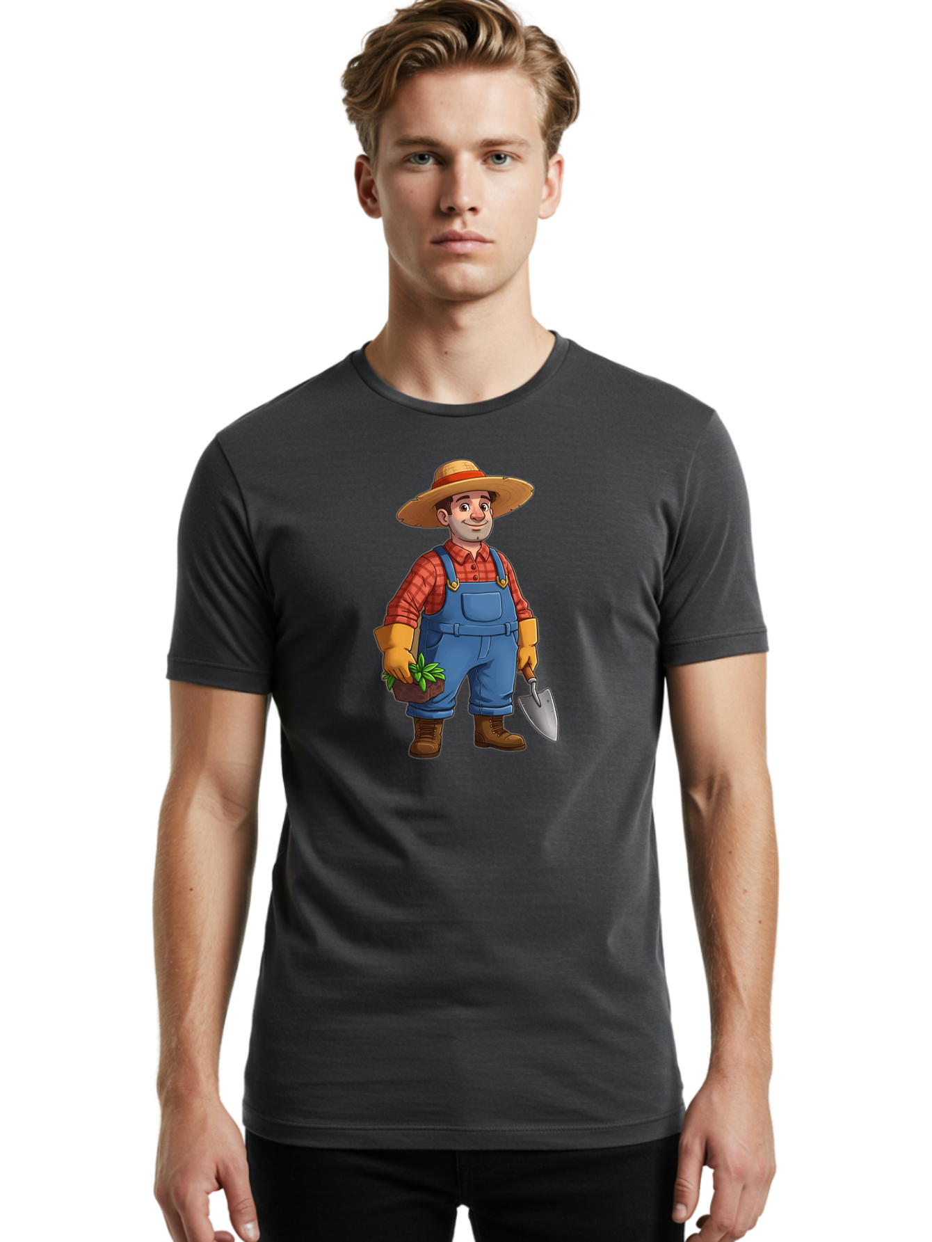 Farmer Men'S Graphic Tee, 100% Cotton, Comfortable Casual Summer Wear, Machine Washable, Gardener Holding Plant And Shovel, Gardening Tools, Outdoor Work, Farming Attire, Plaid Shirt, Overalls, Straw Hat, Agricultural Work, Gardening Gloves Baa666