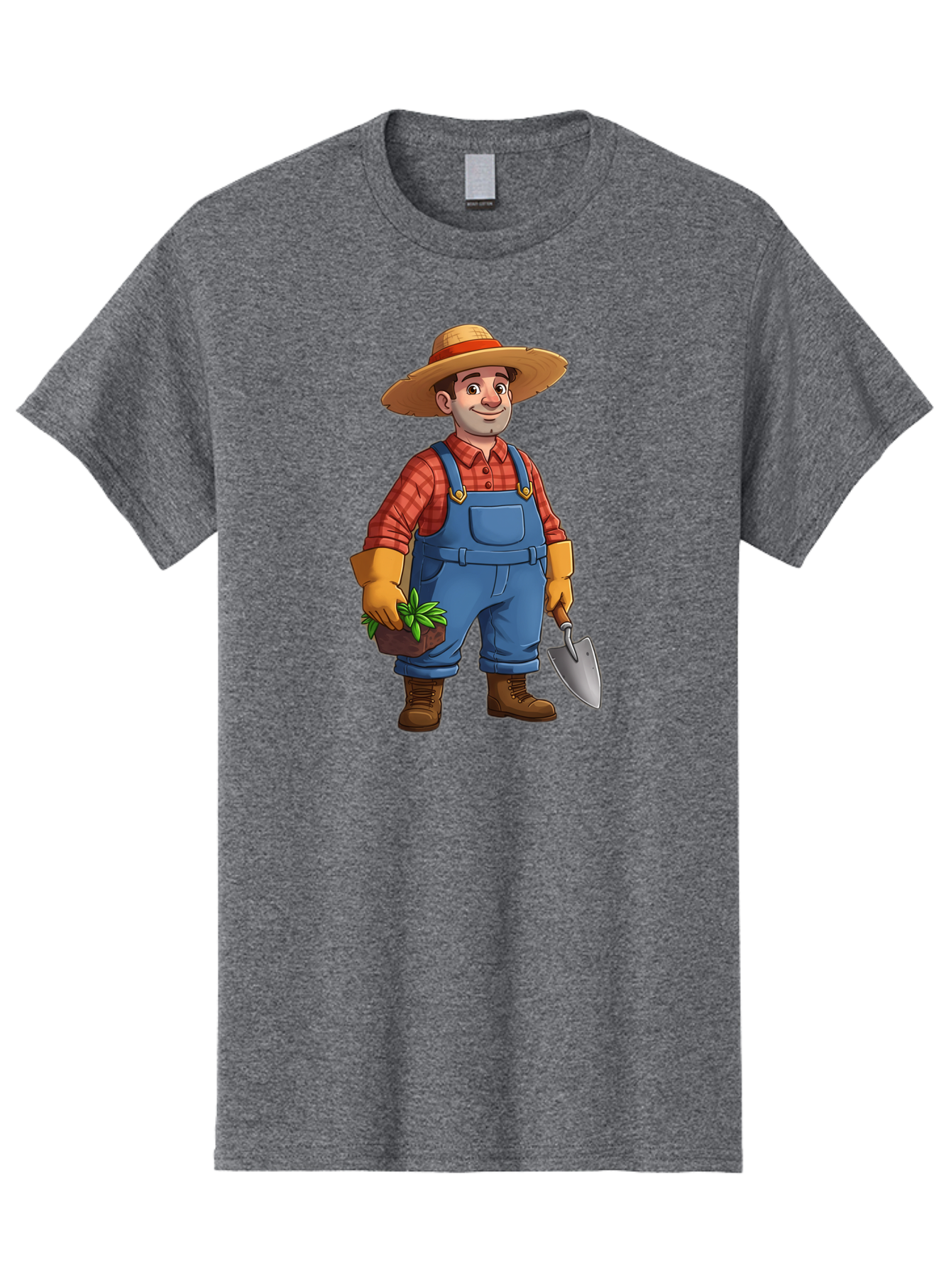 Farmer Men'S Graphic Tee, 100% Cotton, Comfortable Casual Summer Wear, Machine Washable, Gardener Holding Plant And Shovel, Gardening Tools, Outdoor Work, Farming Attire, Plaid Shirt, Overalls, Straw Hat, Agricultural Work, Gardening Gloves Baa666