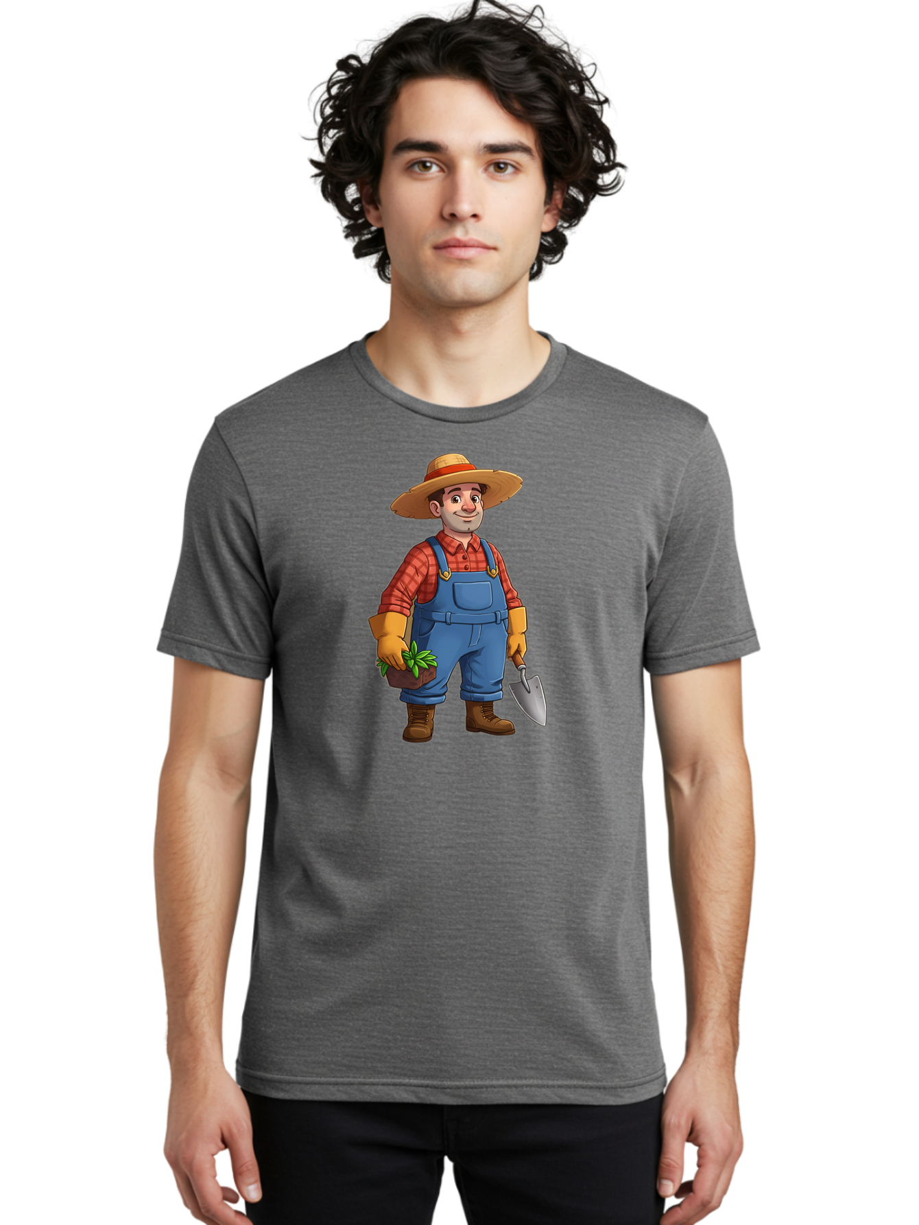 Farmer Men'S Graphic Tee, 100% Cotton, Comfortable Casual Summer Wear, Machine Washable, Gardener Holding Plant And Shovel, Gardening Tools, Outdoor Work, Farming Attire, Plaid Shirt, Overalls, Straw Hat, Agricultural Work, Gardening Gloves Baa666