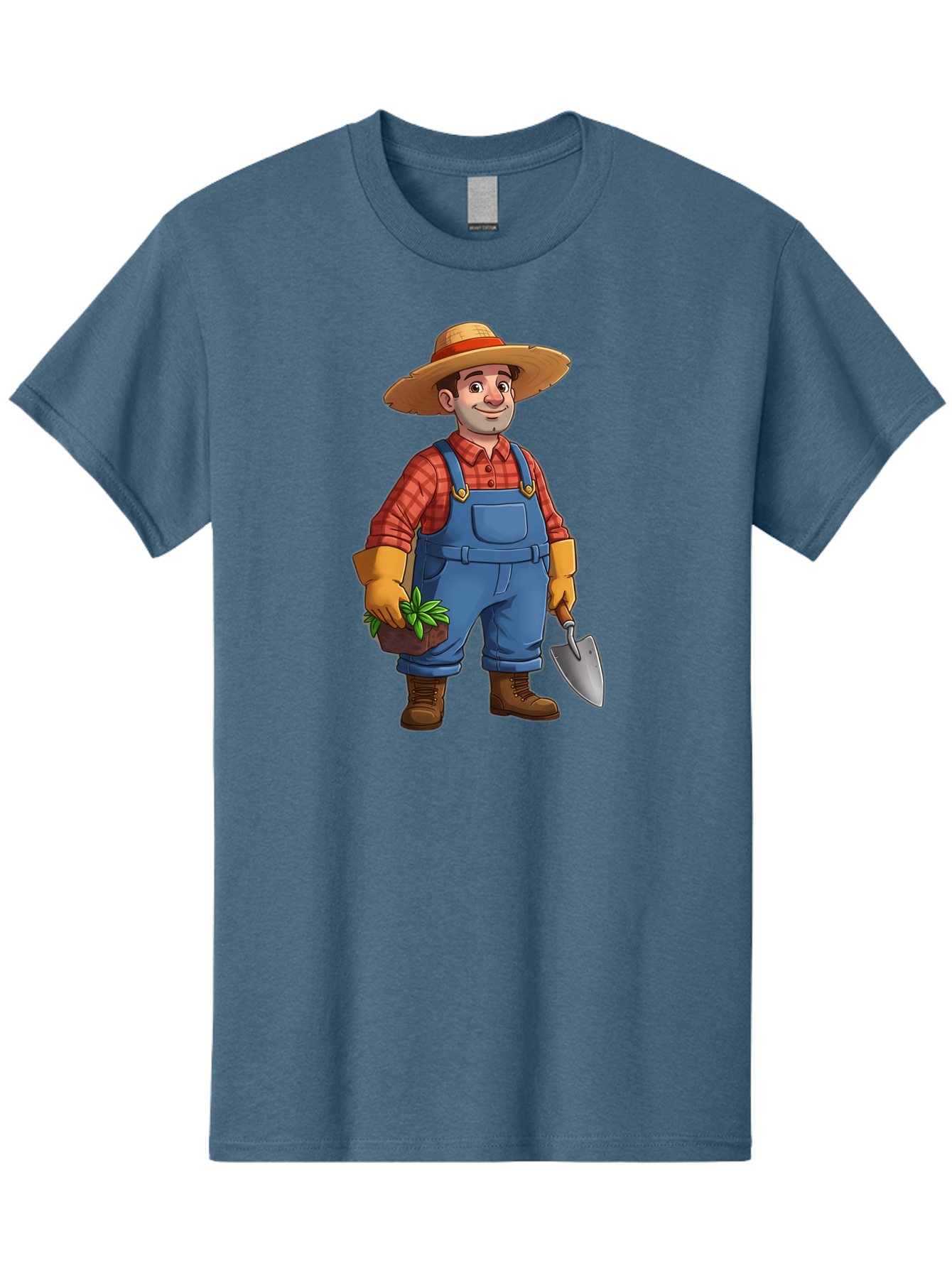Farmer Men'S Graphic Tee, 100% Cotton, Comfortable Casual Summer Wear, Machine Washable, Gardener Holding Plant And Shovel, Gardening Tools, Outdoor Work, Farming Attire, Plaid Shirt, Overalls, Straw Hat, Agricultural Work, Gardening Gloves Baa666