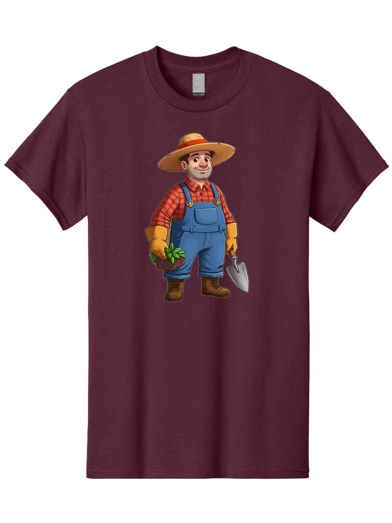 Farmer Men'S Graphic Tee, 100% Cotton, Comfortable Casual Summer Wear, Machine Washable, Gardener Holding Plant And Shovel, Gardening Tools, Outdoor Work, Farming Attire, Plaid Shirt, Overalls, Straw Hat, Agricultural Work, Gardening Gloves Baa666