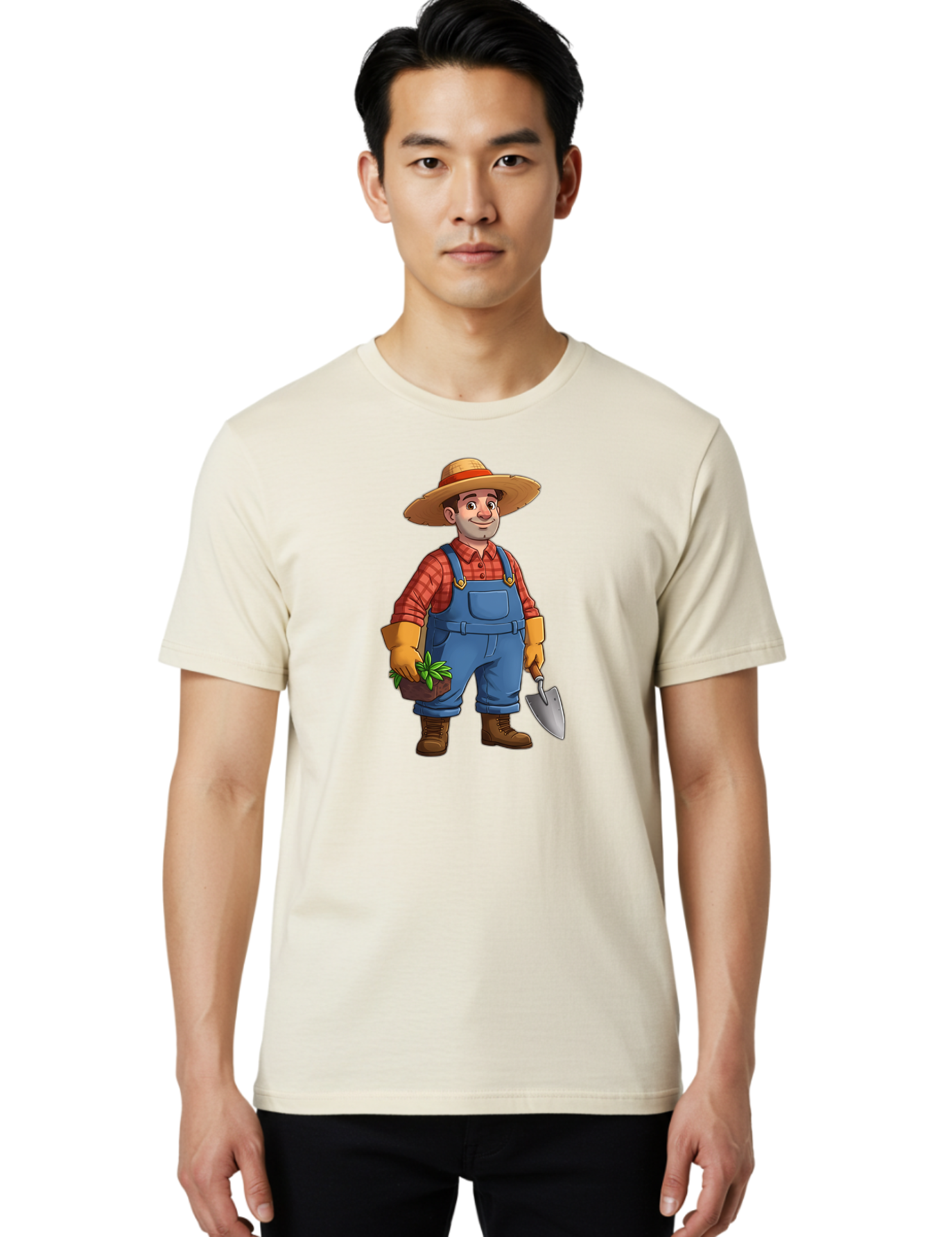 Farmer Men'S Graphic Tee, 100% Cotton, Comfortable Casual Summer Wear, Machine Washable, Gardener Holding Plant And Shovel, Gardening Tools, Outdoor Work, Farming Attire, Plaid Shirt, Overalls, Straw Hat, Agricultural Work, Gardening Gloves Baa666