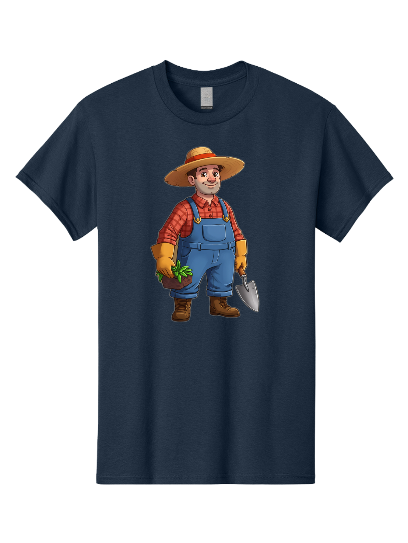 Farmer Men'S Graphic Tee, 100% Cotton, Comfortable Casual Summer Wear, Machine Washable, Gardener Holding Plant And Shovel, Gardening Tools, Outdoor Work, Farming Attire, Plaid Shirt, Overalls, Straw Hat, Agricultural Work, Gardening Gloves Baa666
