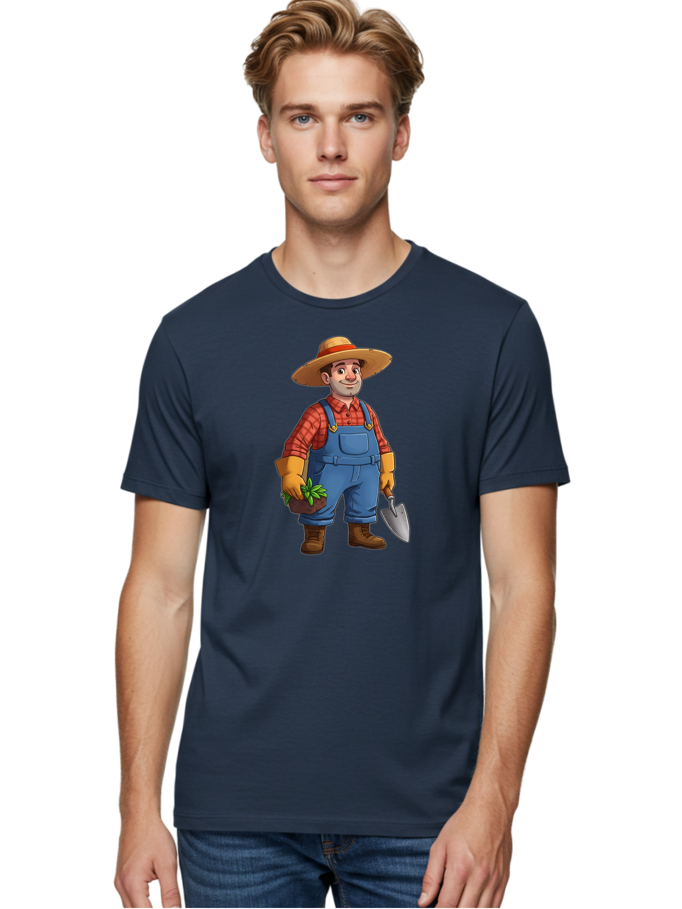 Farmer Men'S Graphic Tee, 100% Cotton, Comfortable Casual Summer Wear, Machine Washable, Gardener Holding Plant And Shovel, Gardening Tools, Outdoor Work, Farming Attire, Plaid Shirt, Overalls, Straw Hat, Agricultural Work, Gardening Gloves Baa666