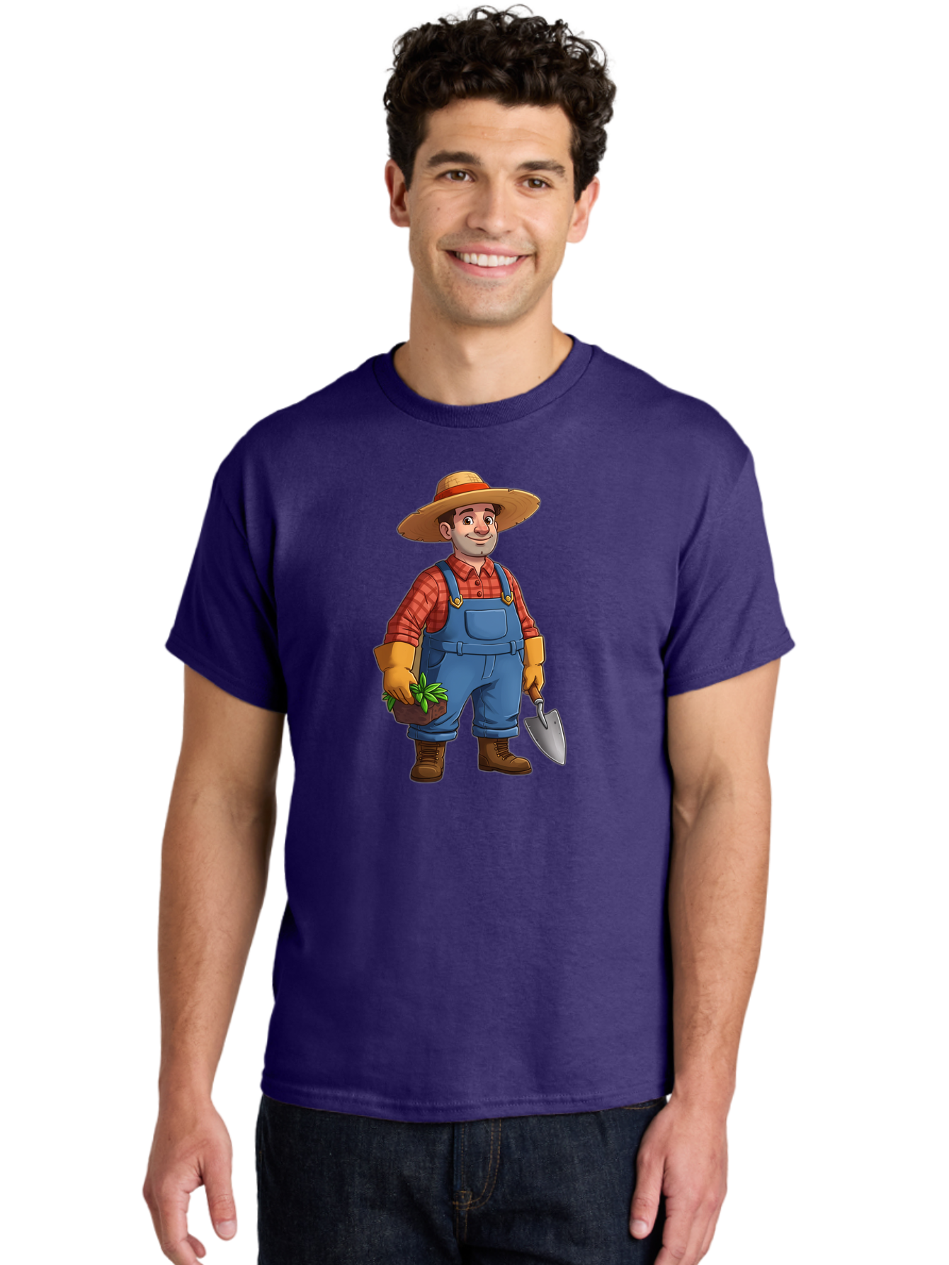 Farmer Men'S Graphic Tee, 100% Cotton, Comfortable Casual Summer Wear, Machine Washable, Gardener Holding Plant And Shovel, Gardening Tools, Outdoor Work, Farming Attire, Plaid Shirt, Overalls, Straw Hat, Agricultural Work, Gardening Gloves Baa666