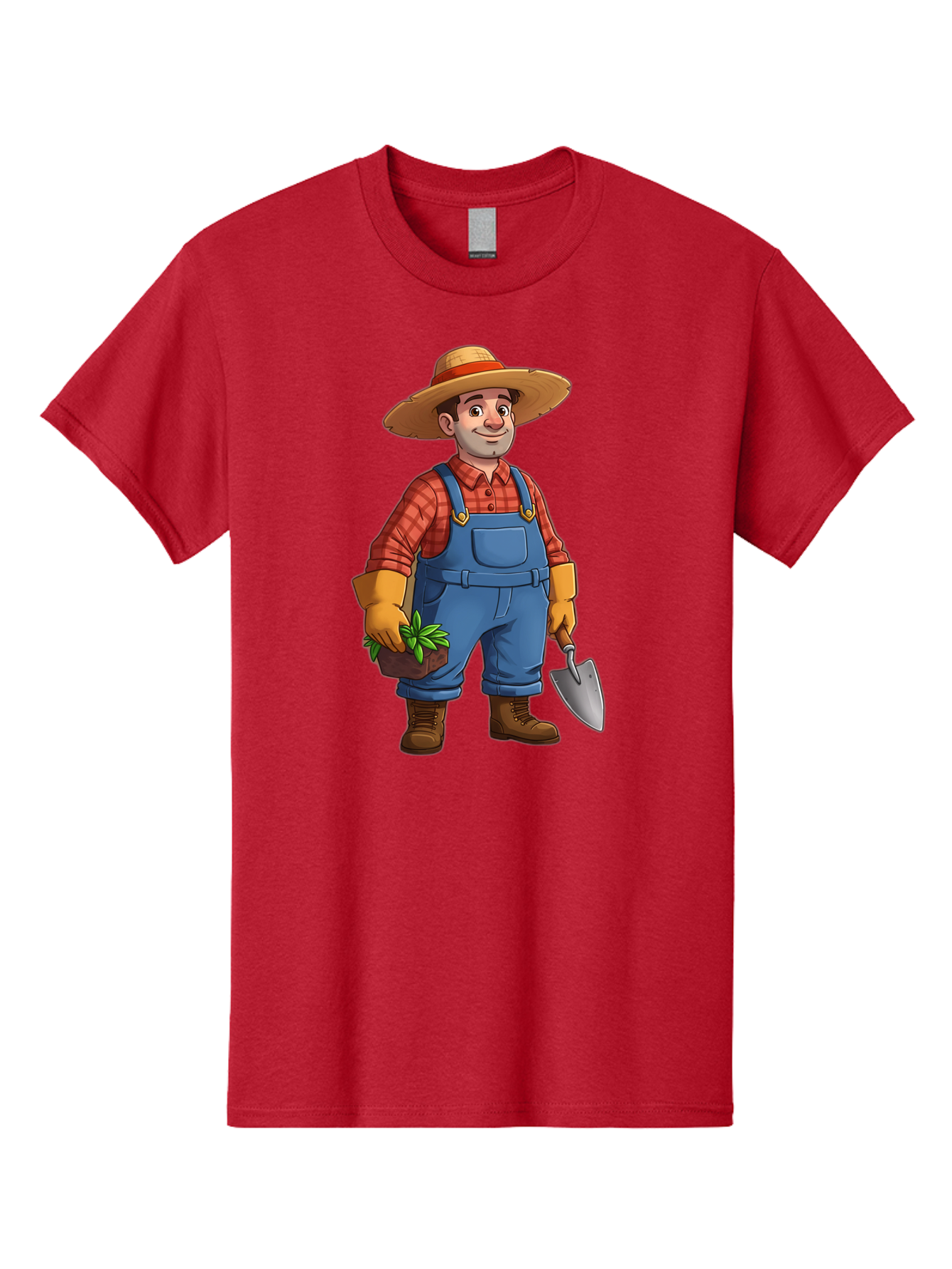Farmer Men'S Graphic Tee, 100% Cotton, Comfortable Casual Summer Wear, Machine Washable, Gardener Holding Plant And Shovel, Gardening Tools, Outdoor Work, Farming Attire, Plaid Shirt, Overalls, Straw Hat, Agricultural Work, Gardening Gloves Baa666