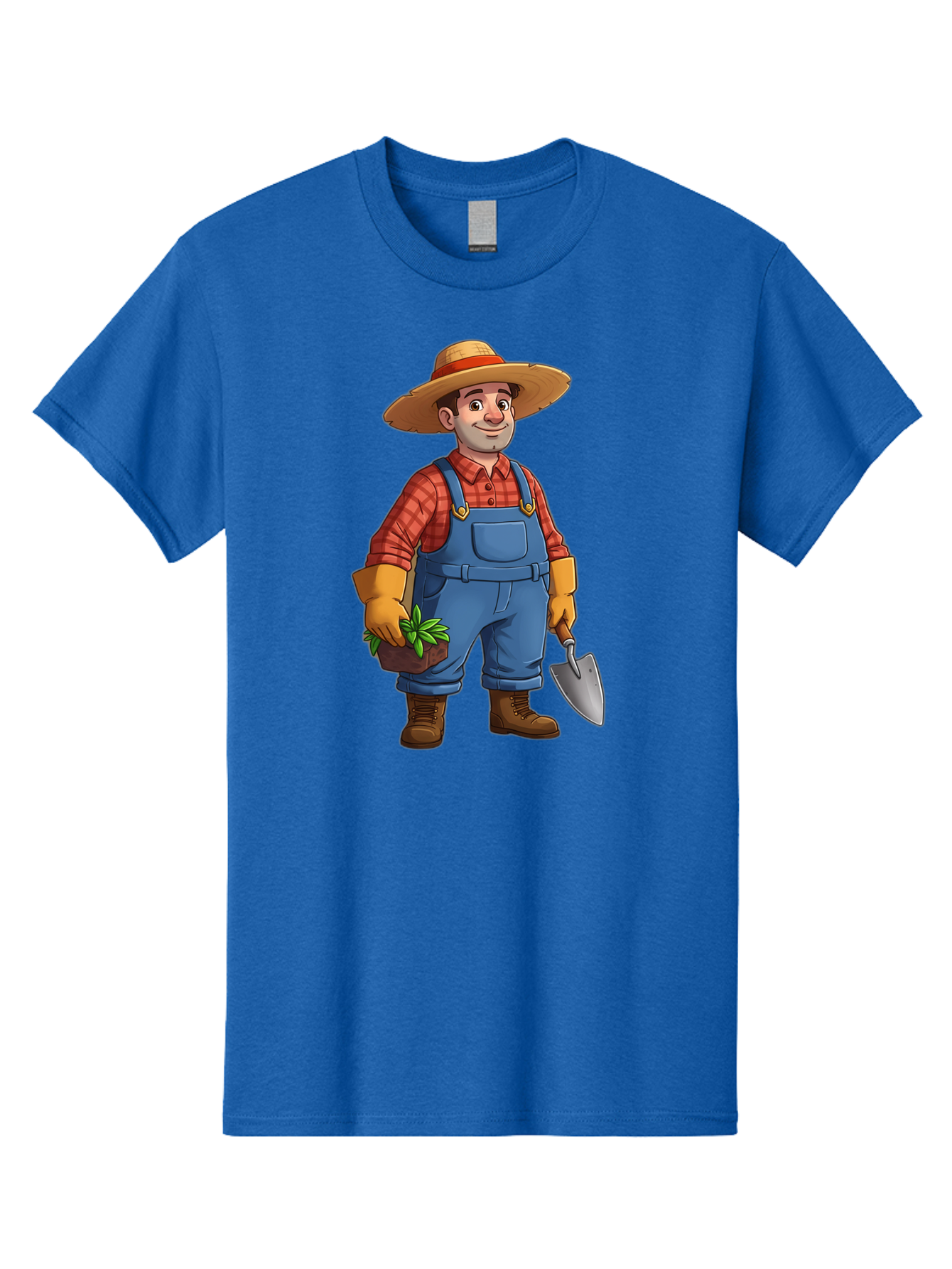 Farmer Men'S Graphic Tee, 100% Cotton, Comfortable Casual Summer Wear, Machine Washable, Gardener Holding Plant And Shovel, Gardening Tools, Outdoor Work, Farming Attire, Plaid Shirt, Overalls, Straw Hat, Agricultural Work, Gardening Gloves Baa666