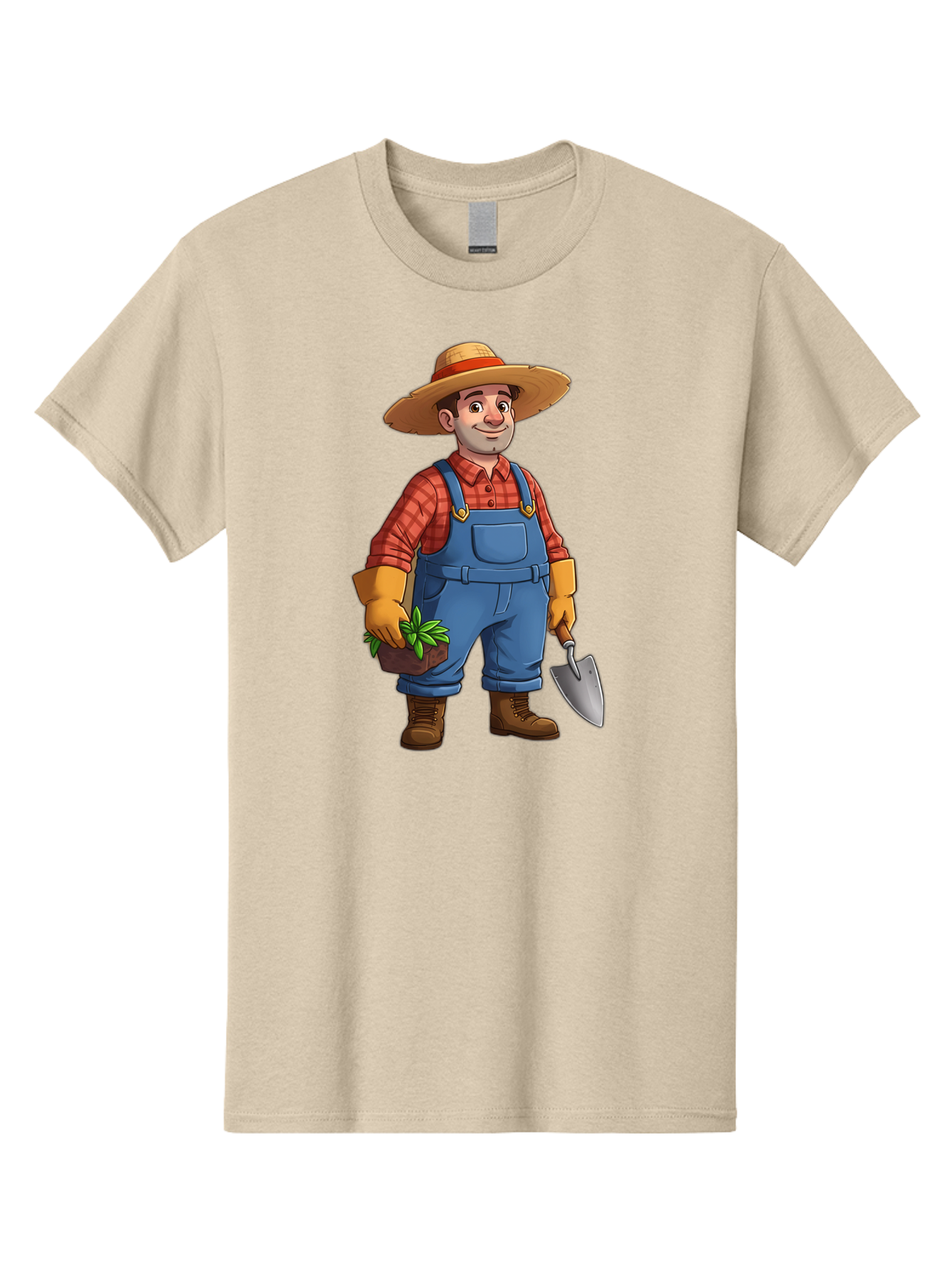 Farmer Men'S Graphic Tee, 100% Cotton, Comfortable Casual Summer Wear, Machine Washable, Gardener Holding Plant And Shovel, Gardening Tools, Outdoor Work, Farming Attire, Plaid Shirt, Overalls, Straw Hat, Agricultural Work, Gardening Gloves Baa666