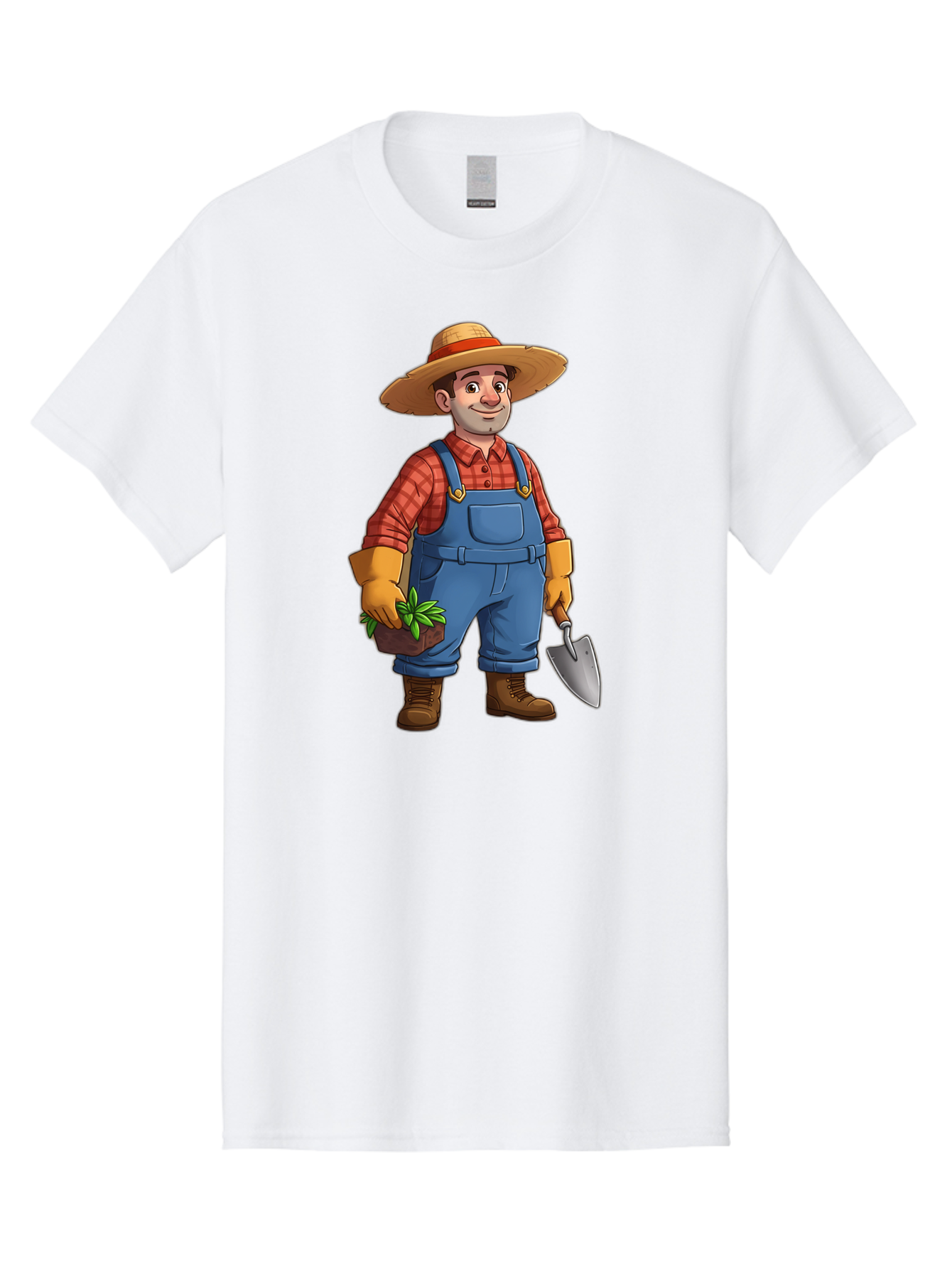 Farmer Men'S Graphic Tee, 100% Cotton, Comfortable Casual Summer Wear, Machine Washable, Gardener Holding Plant And Shovel, Gardening Tools, Outdoor Work, Farming Attire, Plaid Shirt, Overalls, Straw Hat, Agricultural Work, Gardening Gloves Baa666