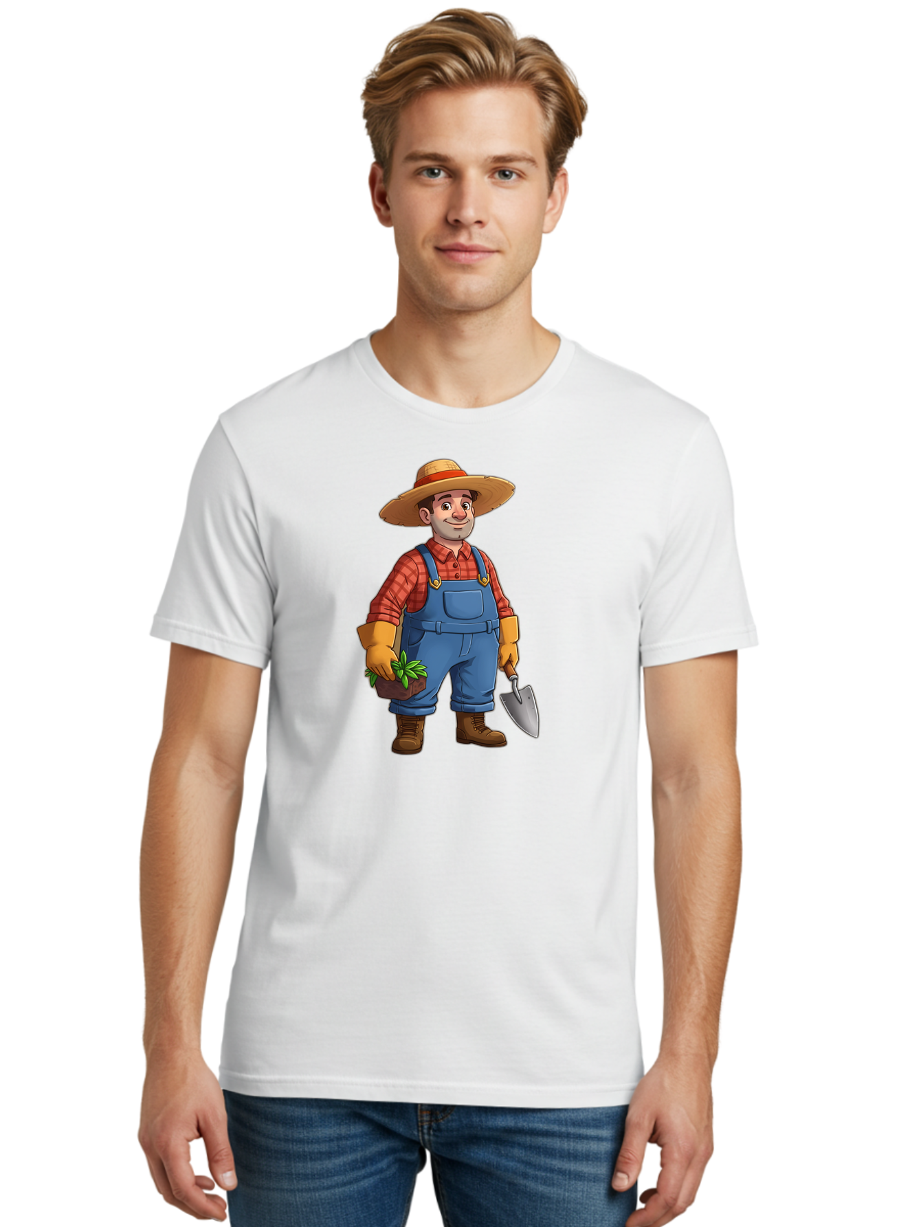 Farmer Men'S Graphic Tee, 100% Cotton, Comfortable Casual Summer Wear, Machine Washable, Gardener Holding Plant And Shovel, Gardening Tools, Outdoor Work, Farming Attire, Plaid Shirt, Overalls, Straw Hat, Agricultural Work, Gardening Gloves Baa666