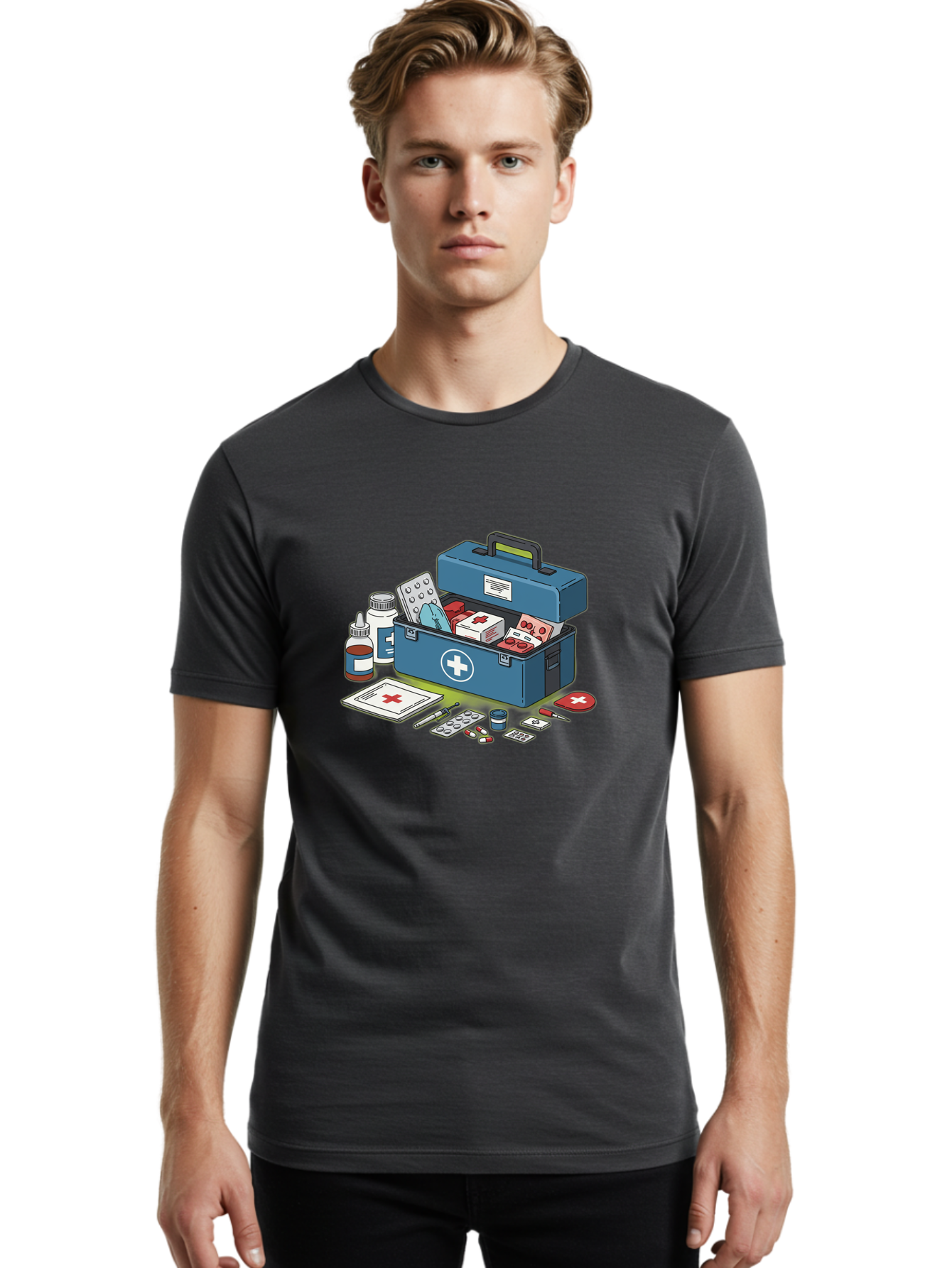 First-Aid-Kit-1 Men'S Graphic Tee, 100% Cotton, Comfortable Casual Summer Wear, Machine Washable, First Aid Kit, Medical Supplies, Emergency Response, Health Care, Wound Care, Medications, Medical Equipment, Emergency Preparedness Baa672