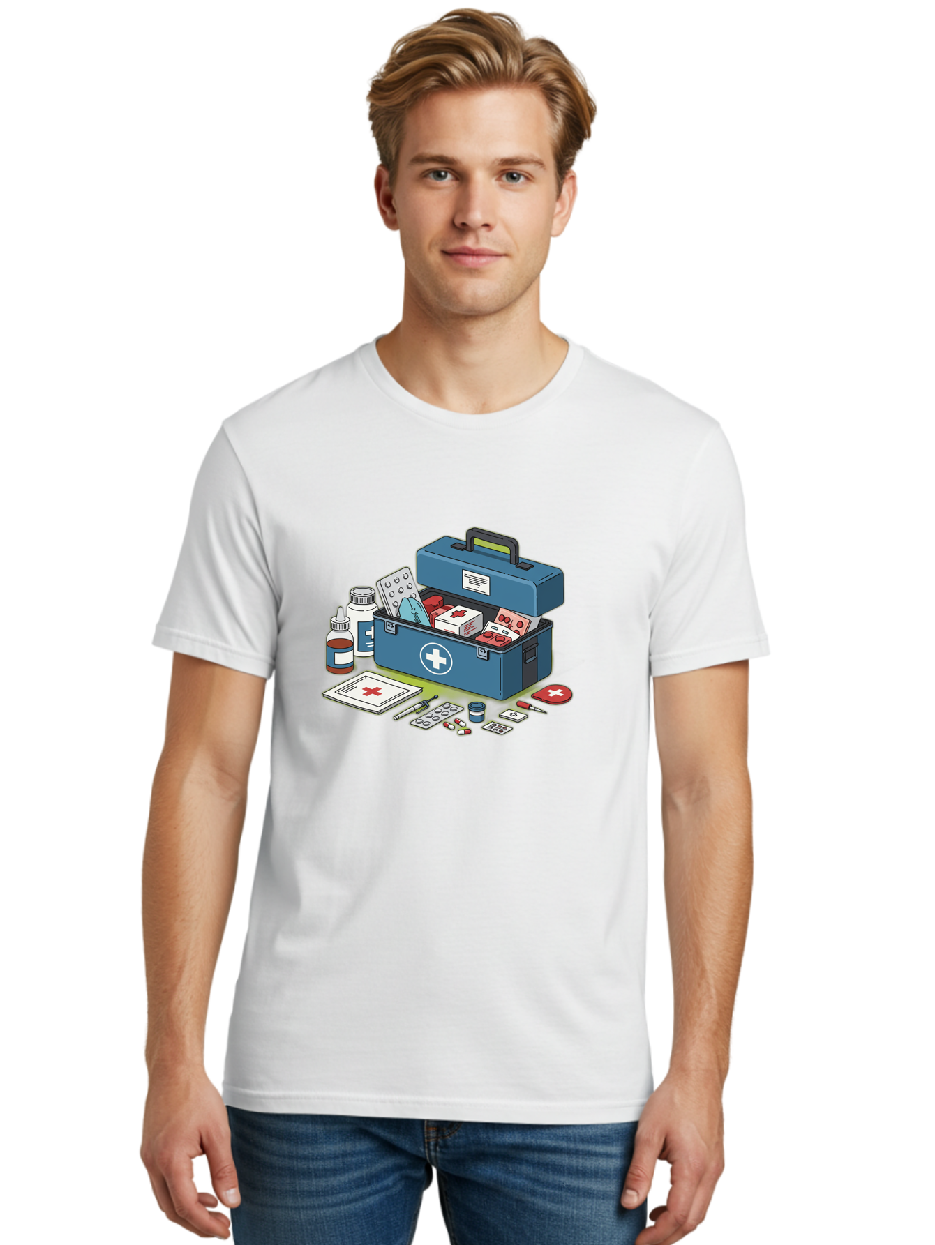 First-Aid-Kit-1 Men'S Graphic Tee, 100% Cotton, Comfortable Casual Summer Wear, Machine Washable, First Aid Kit, Medical Supplies, Emergency Response, Health Care, Wound Care, Medications, Medical Equipment, Emergency Preparedness Baa672
