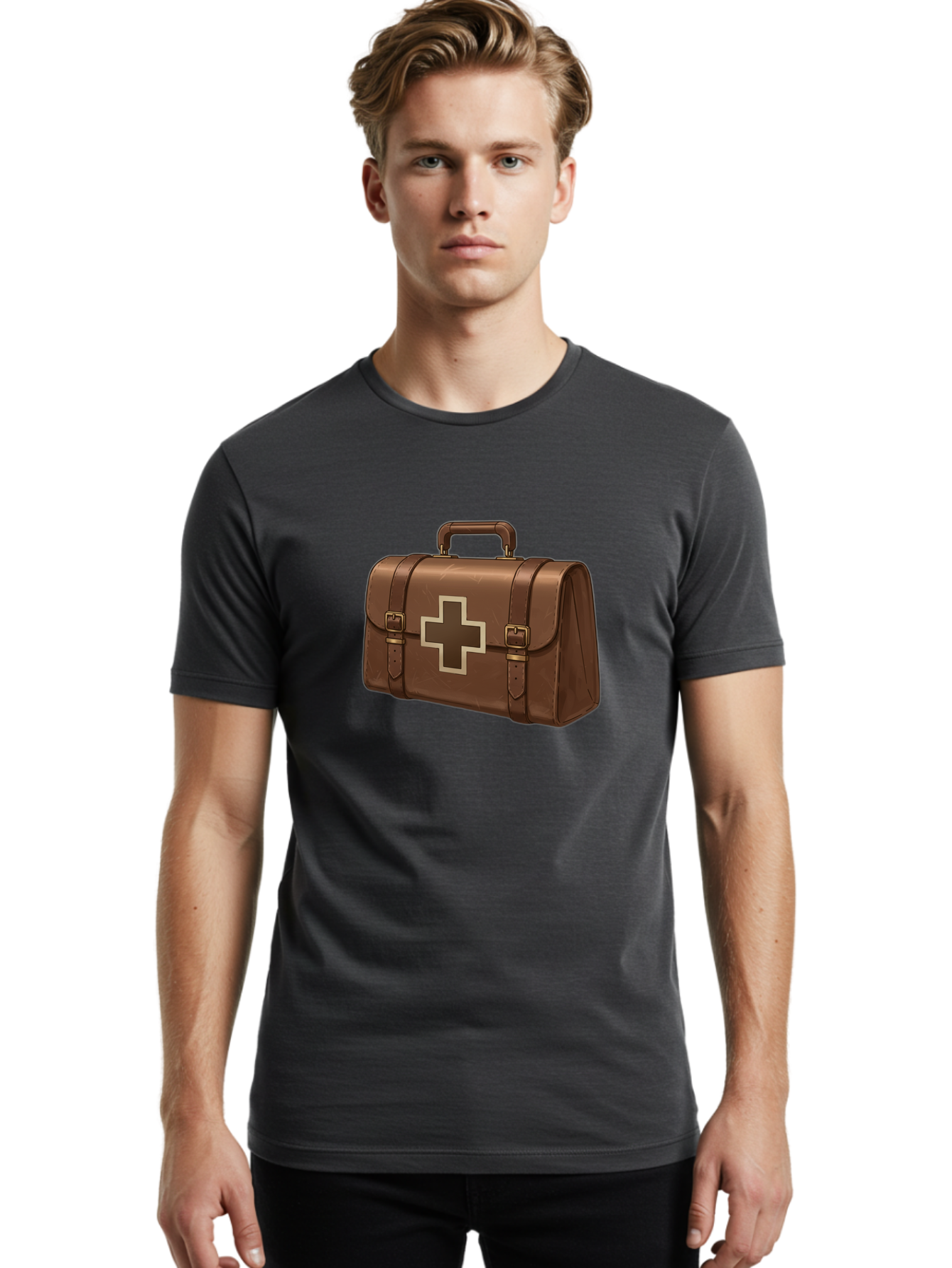 First-Aid-Kit-6 Men'S Graphic Tee, 100% Cotton, Comfortable Casual Summer Wear, Machine Washable, Brown Leather First Aid Kit, Medical Bag, Red Cross Symbol, Emergency Supplies, Healthcare Equipment, Medical Care Baa680