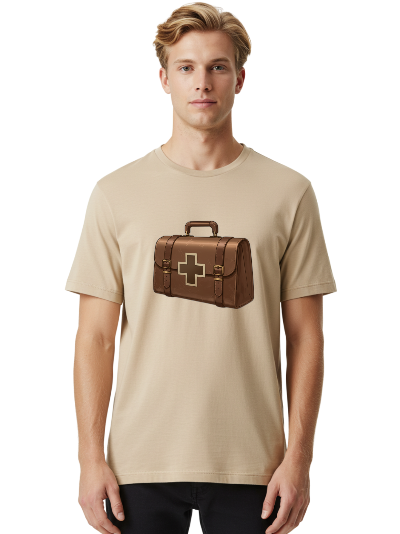 First-Aid-Kit-6 Men'S Graphic Tee, 100% Cotton, Comfortable Casual Summer Wear, Machine Washable, Brown Leather First Aid Kit, Medical Bag, Red Cross Symbol, Emergency Supplies, Healthcare Equipment, Medical Care Baa680