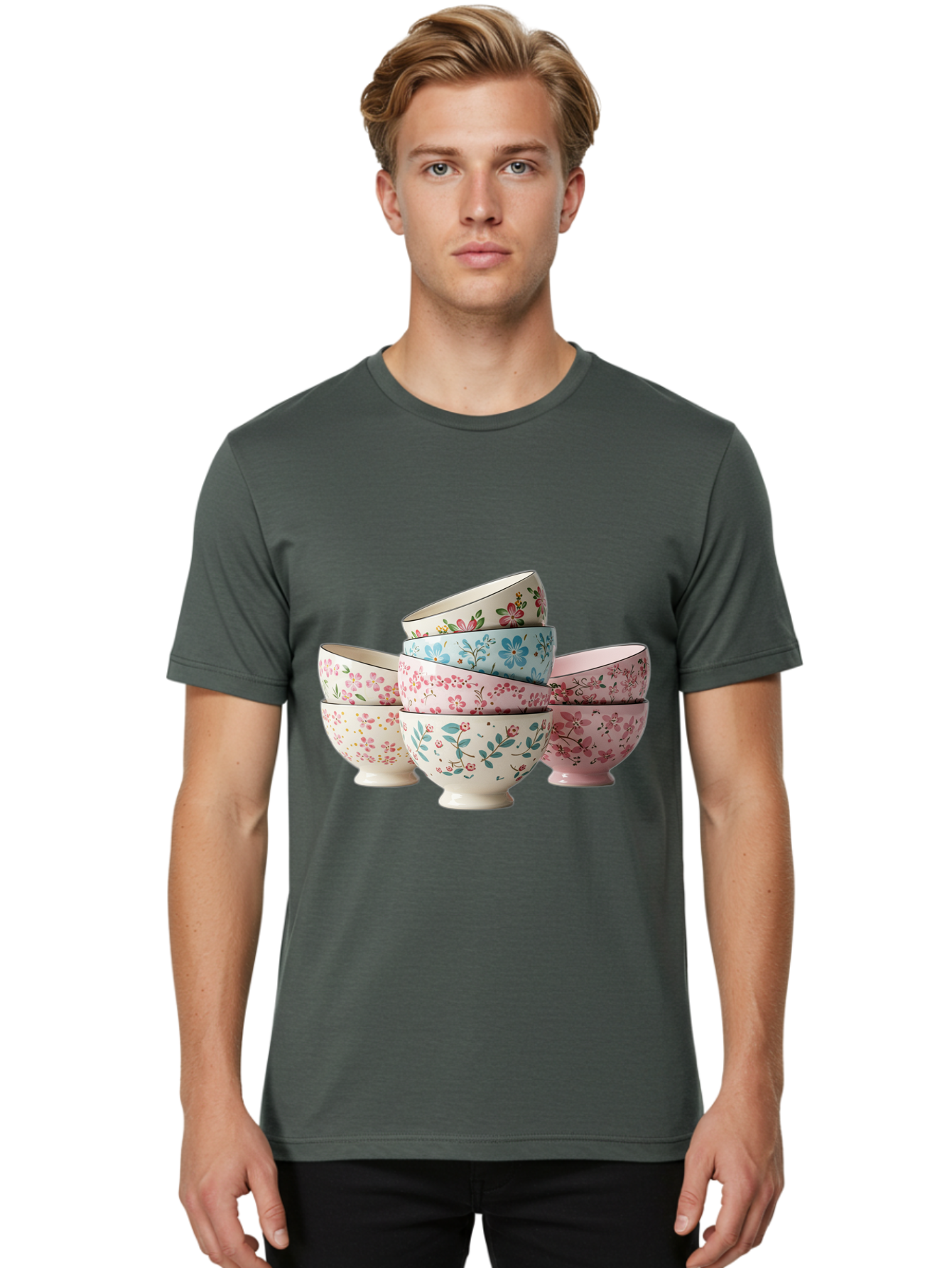 Floral-Bowls Men'S Graphic Tee, 100% Cotton, Comfortable Casual Summer Wear, Machine Washable, Floral Pattern, Delicate Flowers, Pastel Colors, Ceramic Bowls, Tableware, Home Decor, Vintage Style, Kitchen Essentials, Dinnerware, Elegant Design Baa687