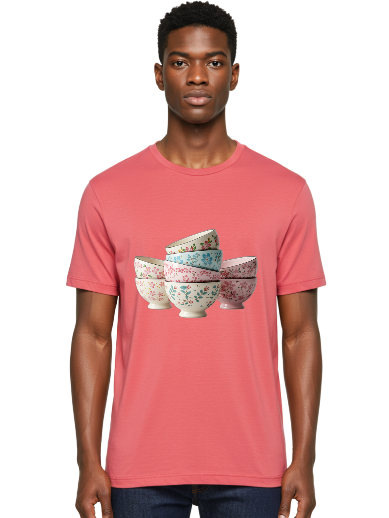 Floral-Bowls Men'S Graphic Tee, 100% Cotton, Comfortable Casual Summer Wear, Machine Washable, Floral Pattern, Delicate Flowers, Pastel Colors, Ceramic Bowls, Tableware, Home Decor, Vintage Style, Kitchen Essentials, Dinnerware, Elegant Design Baa687
