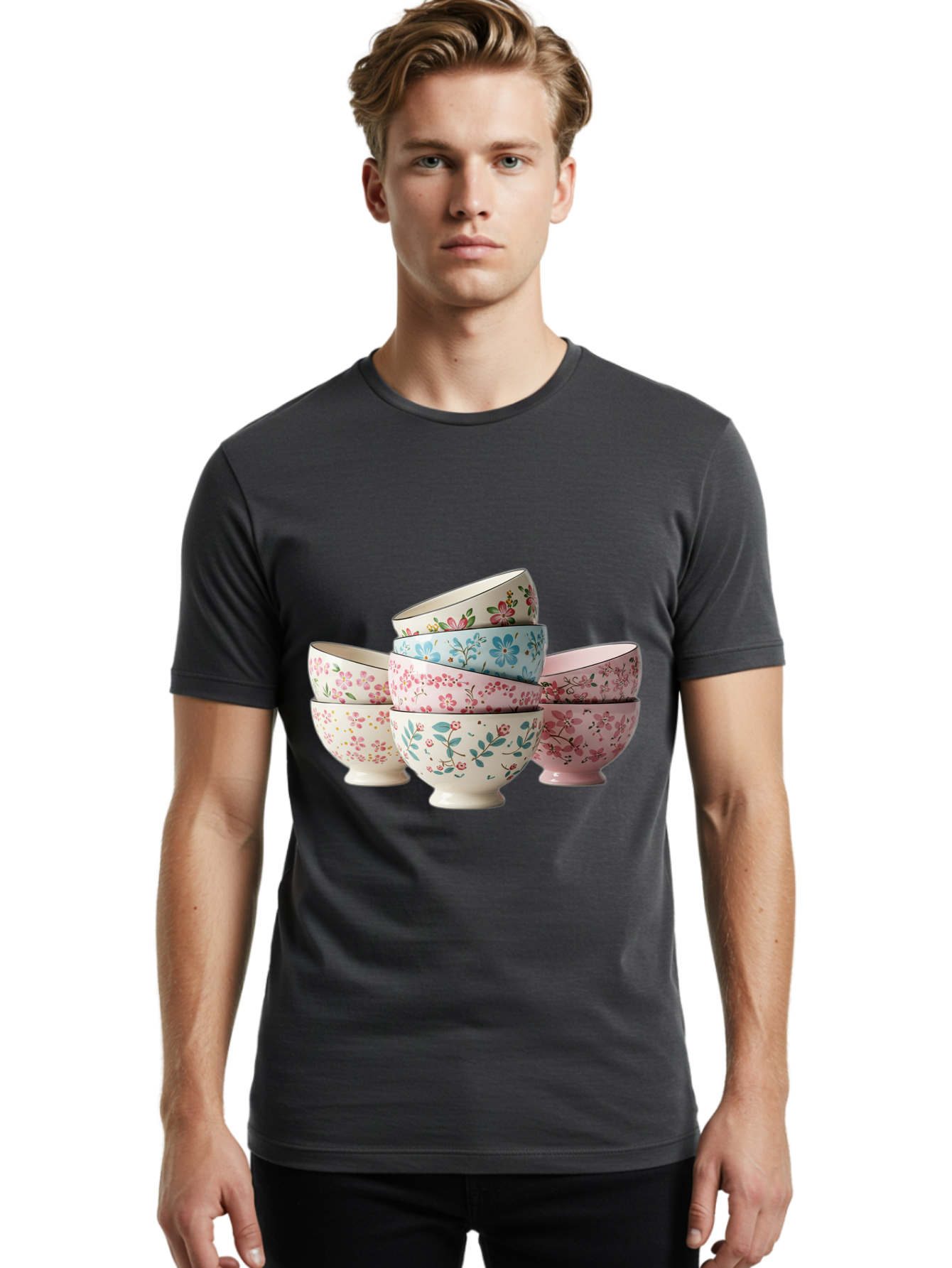 Floral-Bowls Men'S Graphic Tee, 100% Cotton, Comfortable Casual Summer Wear, Machine Washable, Floral Pattern, Delicate Flowers, Pastel Colors, Ceramic Bowls, Tableware, Home Decor, Vintage Style, Kitchen Essentials, Dinnerware, Elegant Design Baa687