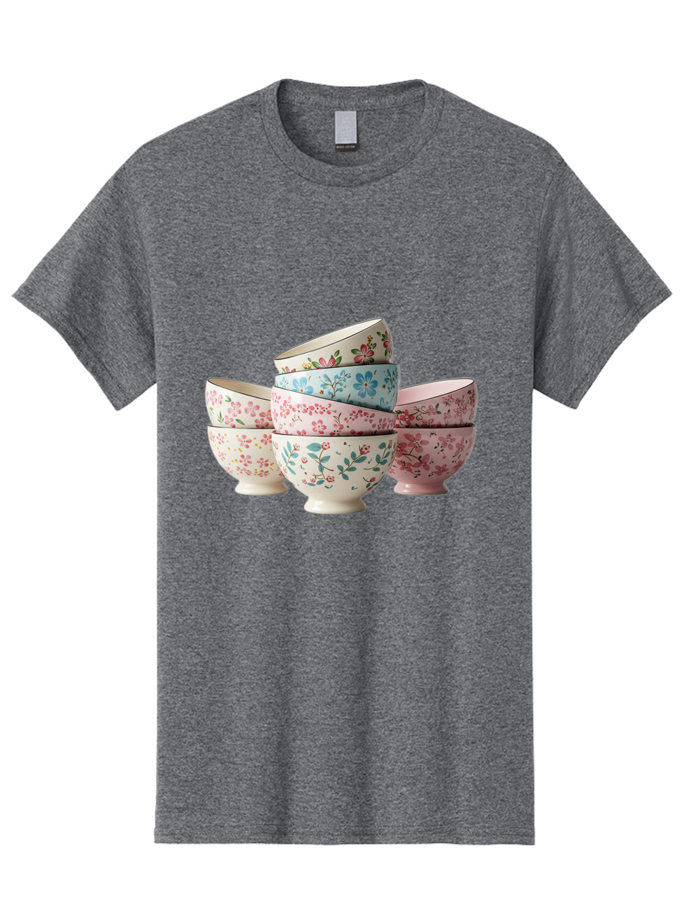 Floral-Bowls Men'S Graphic Tee, 100% Cotton, Comfortable Casual Summer Wear, Machine Washable, Floral Pattern, Delicate Flowers, Pastel Colors, Ceramic Bowls, Tableware, Home Decor, Vintage Style, Kitchen Essentials, Dinnerware, Elegant Design Baa687