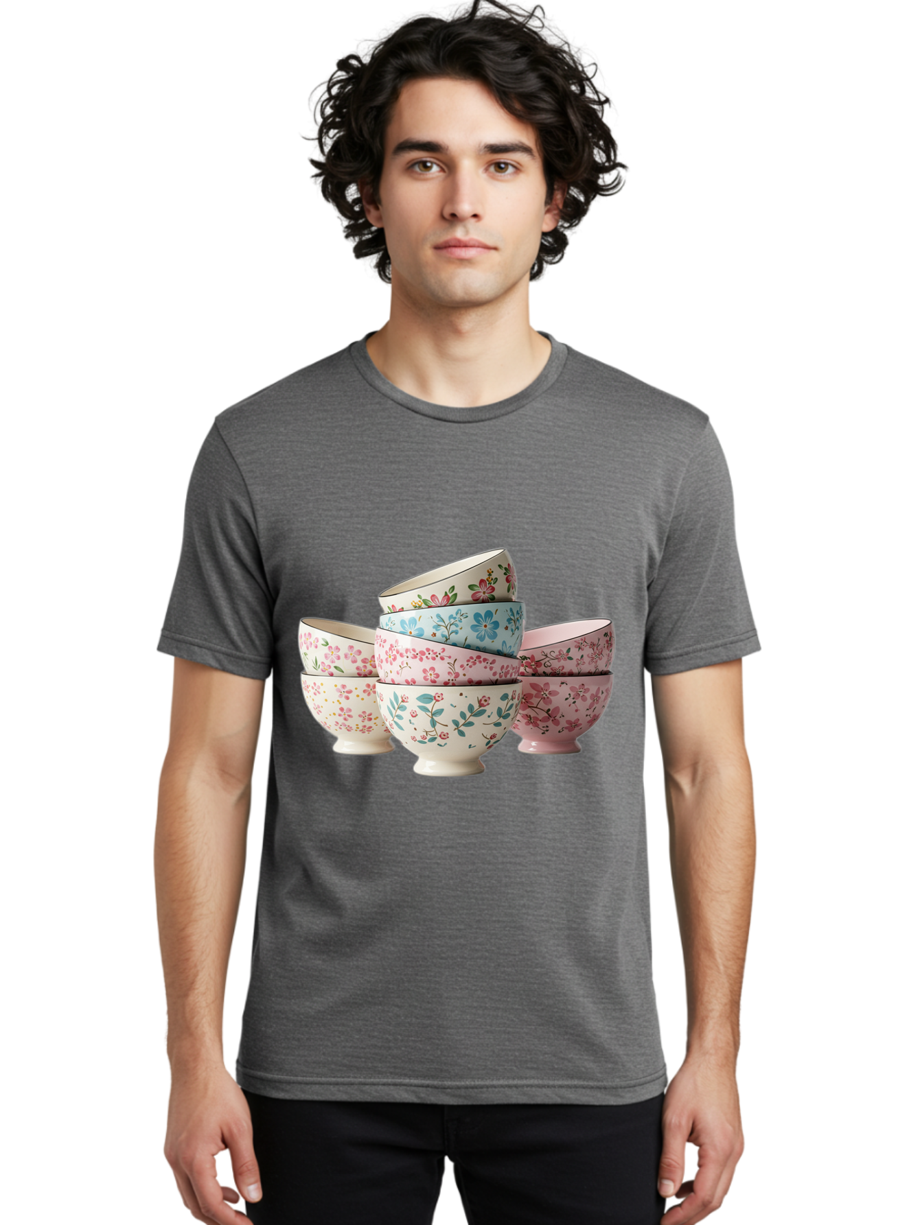 Floral-Bowls Men'S Graphic Tee, 100% Cotton, Comfortable Casual Summer Wear, Machine Washable, Floral Pattern, Delicate Flowers, Pastel Colors, Ceramic Bowls, Tableware, Home Decor, Vintage Style, Kitchen Essentials, Dinnerware, Elegant Design Baa687
