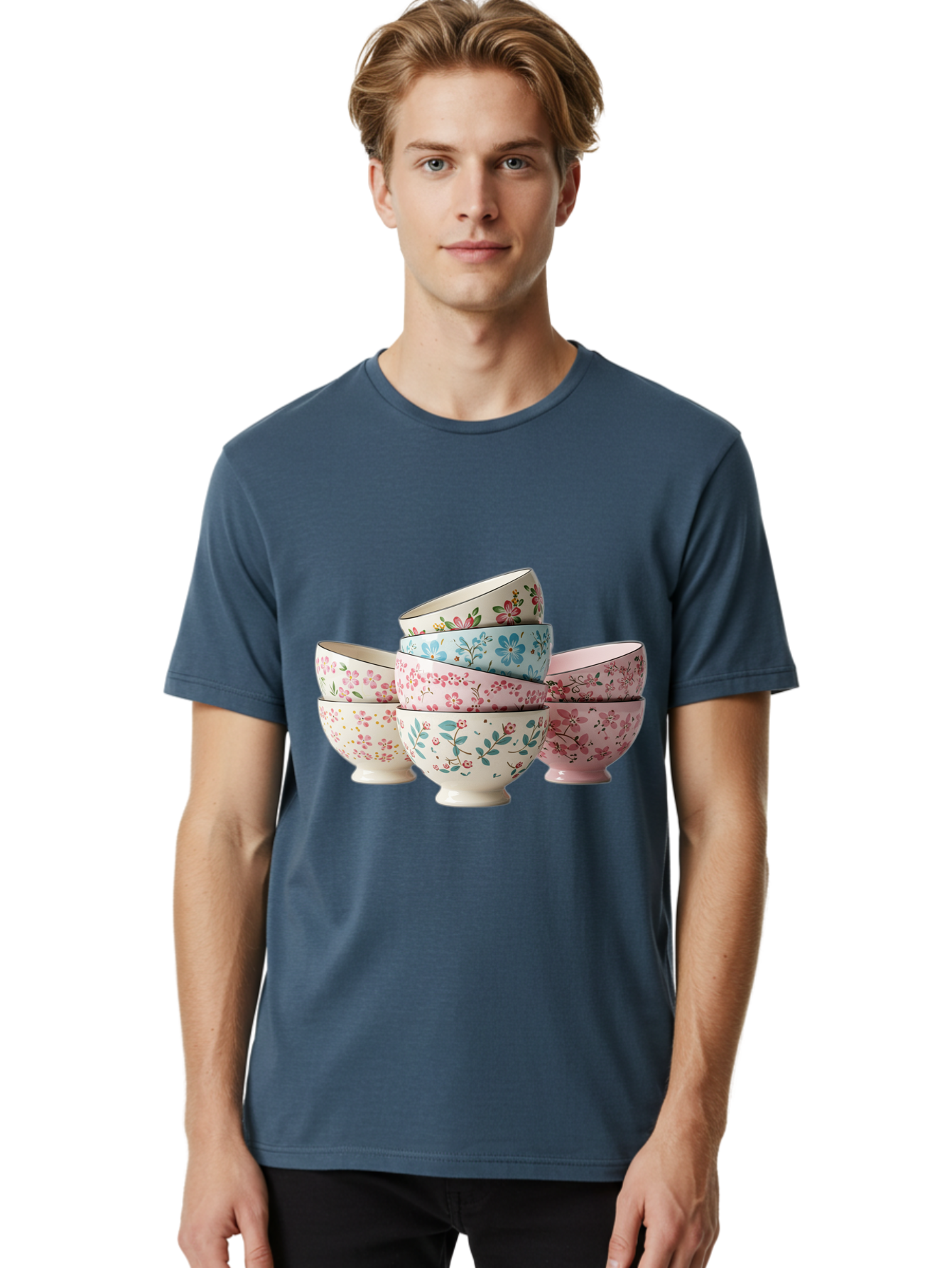 Floral-Bowls Men'S Graphic Tee, 100% Cotton, Comfortable Casual Summer Wear, Machine Washable, Floral Pattern, Delicate Flowers, Pastel Colors, Ceramic Bowls, Tableware, Home Decor, Vintage Style, Kitchen Essentials, Dinnerware, Elegant Design Baa687