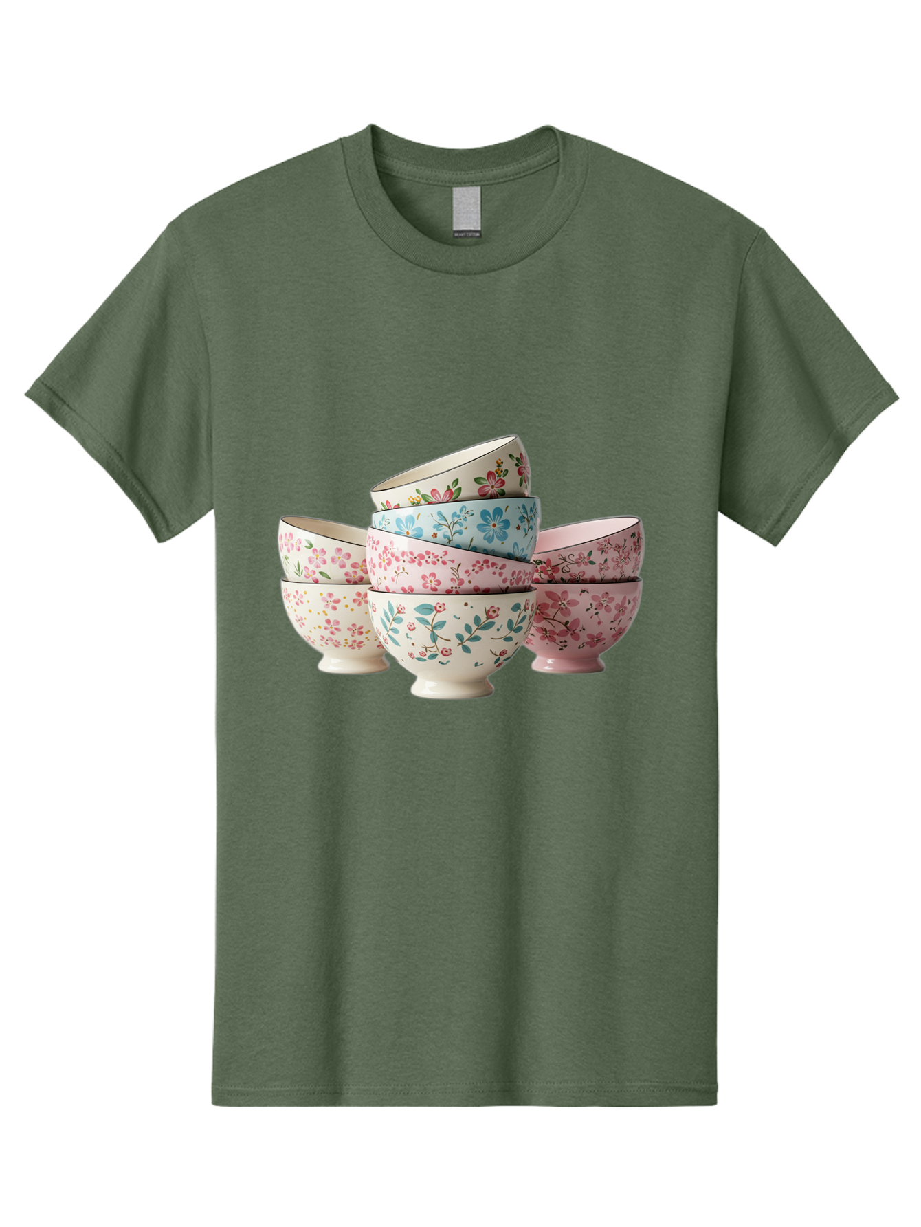 Floral-Bowls Men'S Graphic Tee, 100% Cotton, Comfortable Casual Summer Wear, Machine Washable, Floral Pattern, Delicate Flowers, Pastel Colors, Ceramic Bowls, Tableware, Home Decor, Vintage Style, Kitchen Essentials, Dinnerware, Elegant Design Baa687