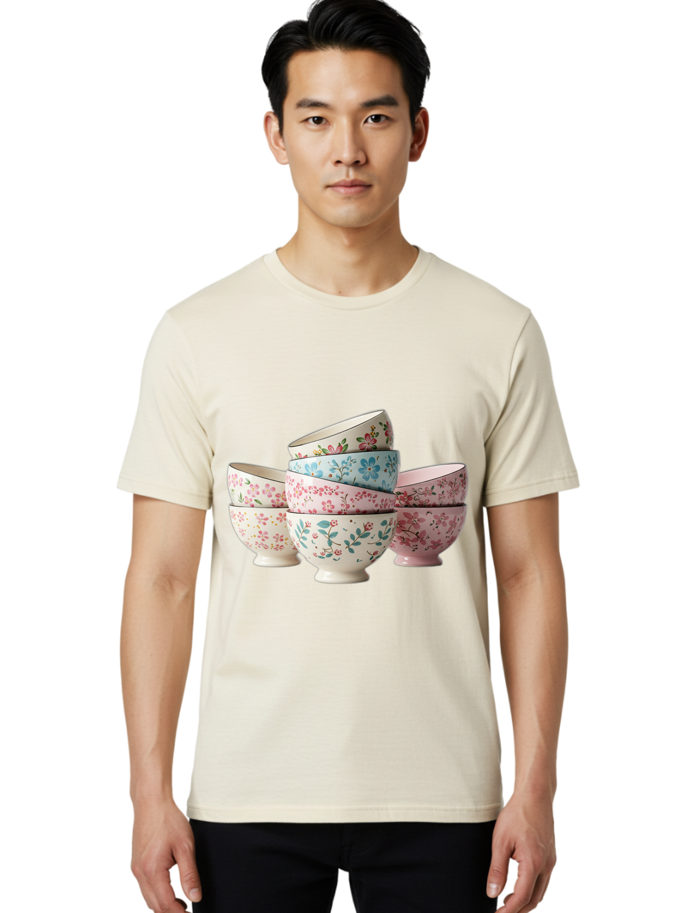 Floral-Bowls Men'S Graphic Tee, 100% Cotton, Comfortable Casual Summer Wear, Machine Washable, Floral Pattern, Delicate Flowers, Pastel Colors, Ceramic Bowls, Tableware, Home Decor, Vintage Style, Kitchen Essentials, Dinnerware, Elegant Design Baa687