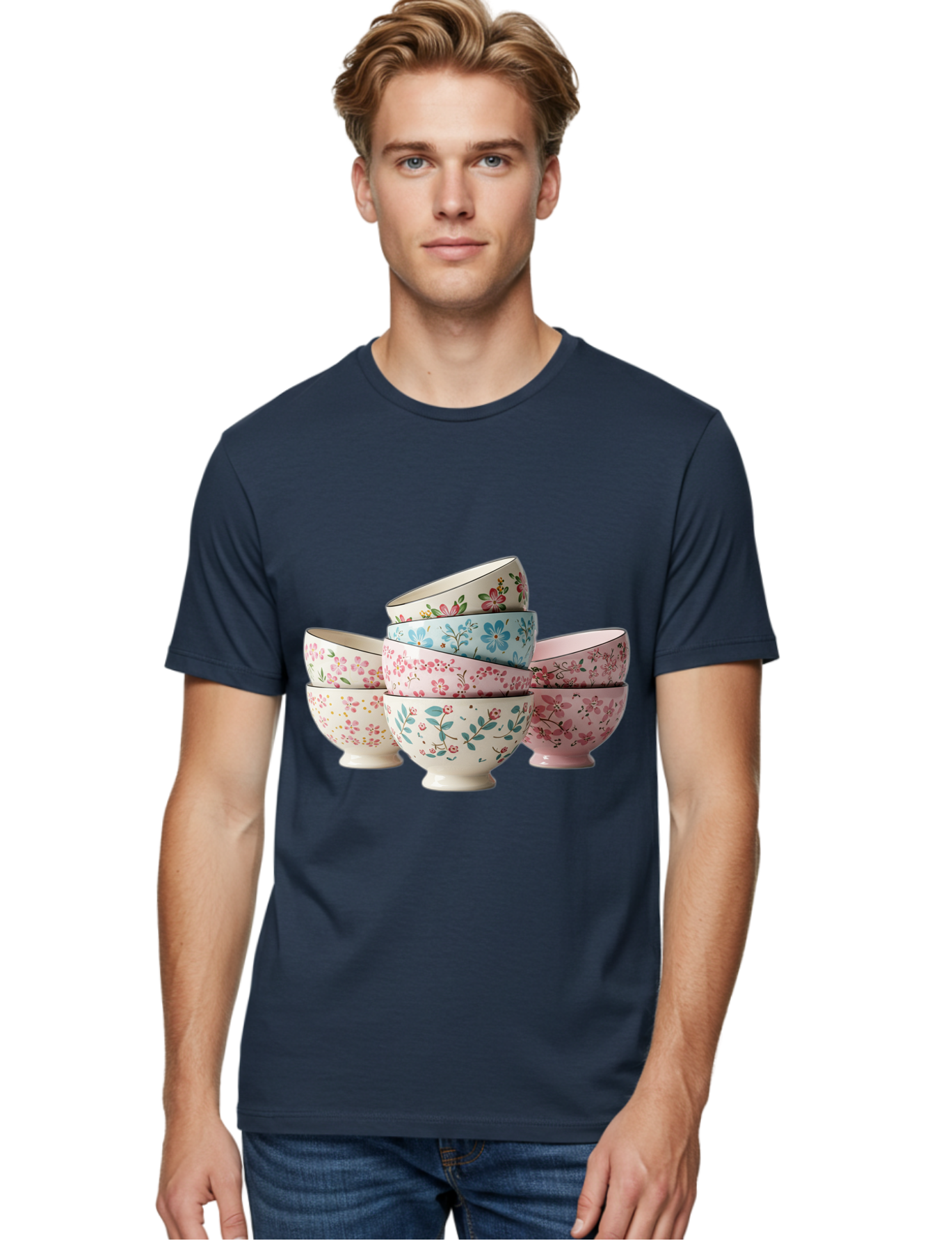 Floral-Bowls Men'S Graphic Tee, 100% Cotton, Comfortable Casual Summer Wear, Machine Washable, Floral Pattern, Delicate Flowers, Pastel Colors, Ceramic Bowls, Tableware, Home Decor, Vintage Style, Kitchen Essentials, Dinnerware, Elegant Design Baa687