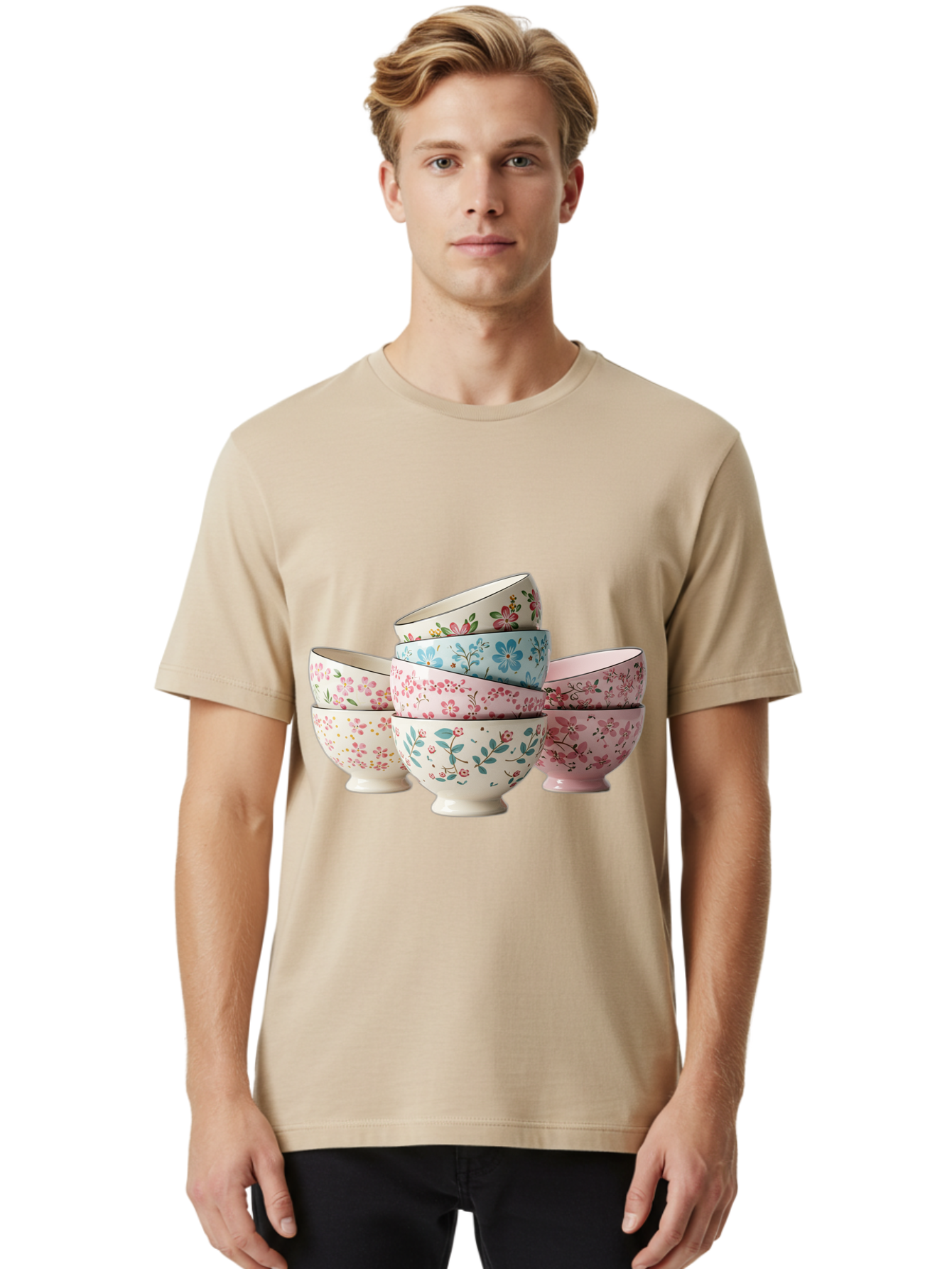 Floral-Bowls Men'S Graphic Tee, 100% Cotton, Comfortable Casual Summer Wear, Machine Washable, Floral Pattern, Delicate Flowers, Pastel Colors, Ceramic Bowls, Tableware, Home Decor, Vintage Style, Kitchen Essentials, Dinnerware, Elegant Design Baa687