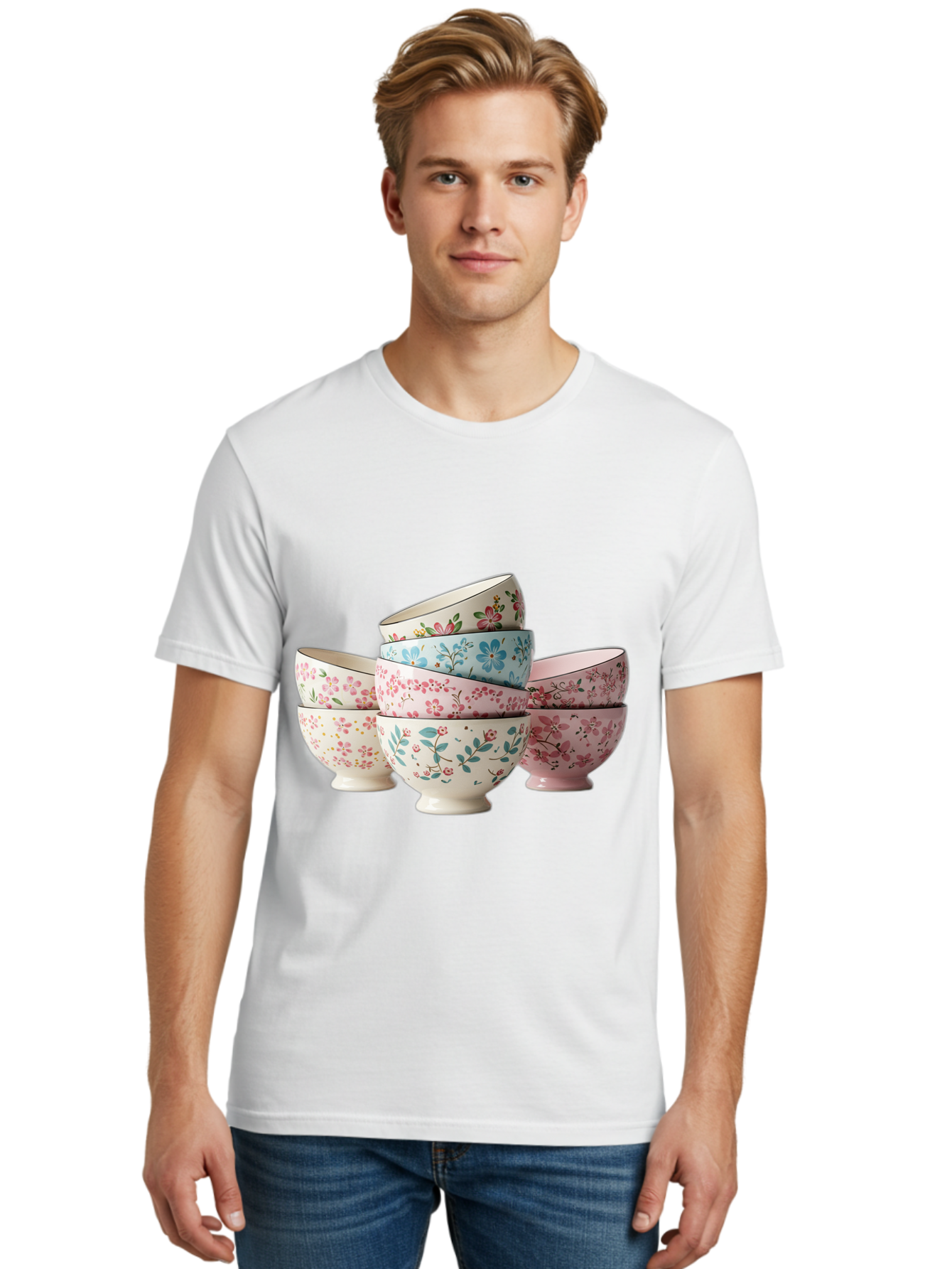 Floral-Bowls Men'S Graphic Tee, 100% Cotton, Comfortable Casual Summer Wear, Machine Washable, Floral Pattern, Delicate Flowers, Pastel Colors, Ceramic Bowls, Tableware, Home Decor, Vintage Style, Kitchen Essentials, Dinnerware, Elegant Design Baa687