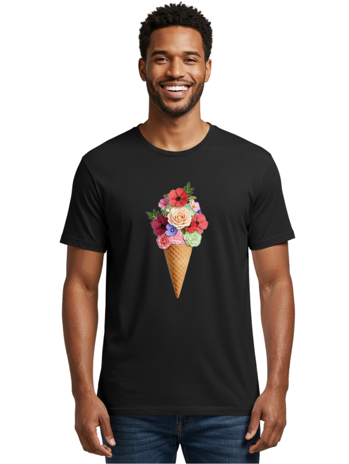 Flower-Ice-Cream-Cone Men'S Graphic Tee, 100% Cotton, Comfortable Casual Summer Wear, Machine Washable, Ice Cream Cone, Flowers, Floral Arrangement, Roses, Poppies, Pastel Colors, Summer Vibes, Sweet Treats, Creative Design, Floral Bouquet Baa688