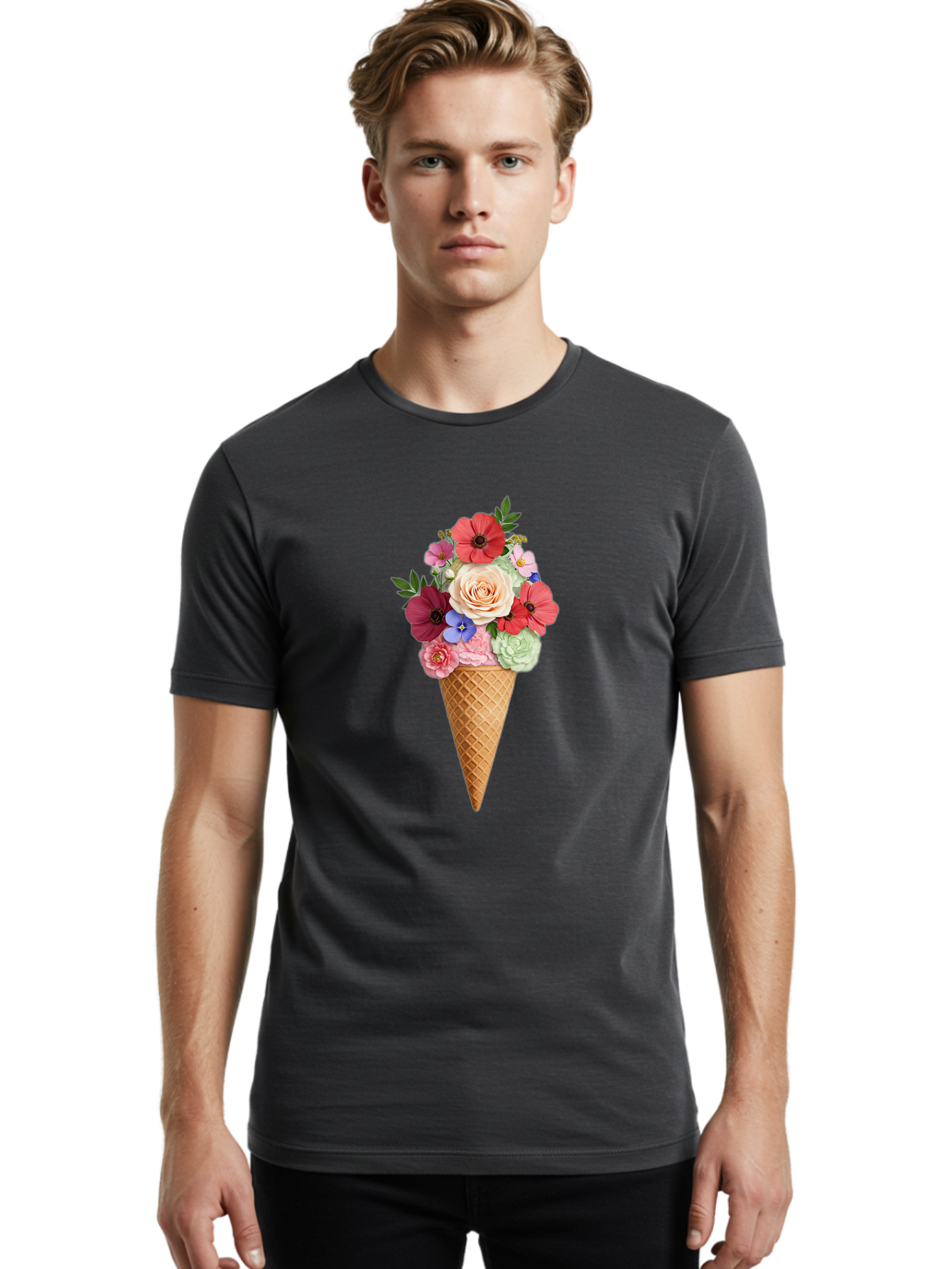 Flower-Ice-Cream-Cone Men'S Graphic Tee, 100% Cotton, Comfortable Casual Summer Wear, Machine Washable, Ice Cream Cone, Flowers, Floral Arrangement, Roses, Poppies, Pastel Colors, Summer Vibes, Sweet Treats, Creative Design, Floral Bouquet Baa688