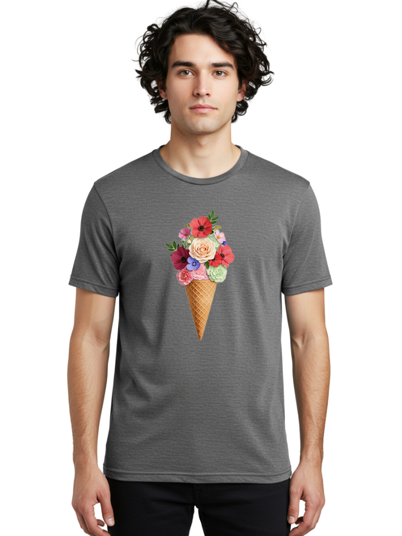 Flower-Ice-Cream-Cone Men'S Graphic Tee, 100% Cotton, Comfortable Casual Summer Wear, Machine Washable, Ice Cream Cone, Flowers, Floral Arrangement, Roses, Poppies, Pastel Colors, Summer Vibes, Sweet Treats, Creative Design, Floral Bouquet Baa688