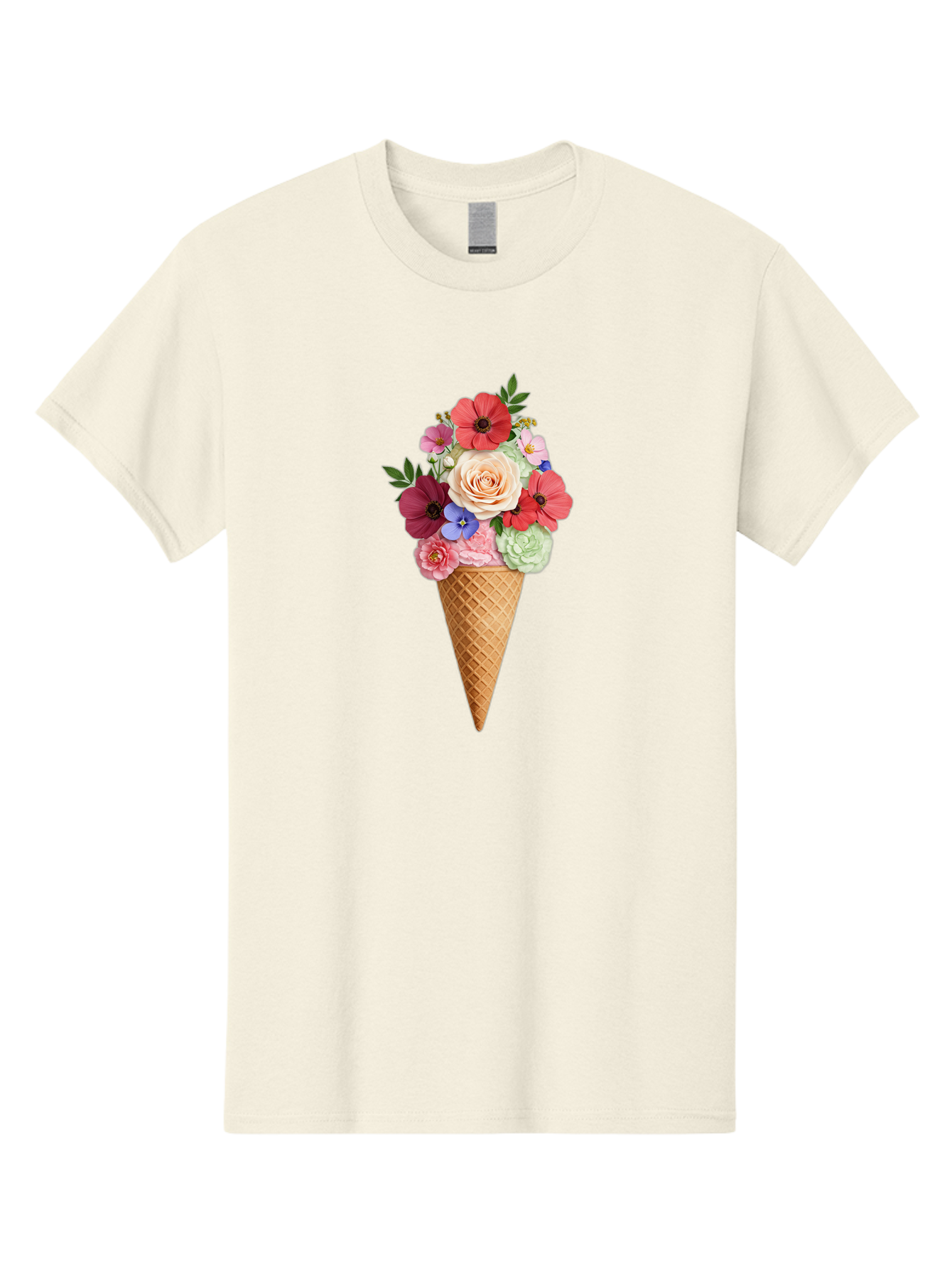 Flower-Ice-Cream-Cone Men'S Graphic Tee, 100% Cotton, Comfortable Casual Summer Wear, Machine Washable, Ice Cream Cone, Flowers, Floral Arrangement, Roses, Poppies, Pastel Colors, Summer Vibes, Sweet Treats, Creative Design, Floral Bouquet Baa688