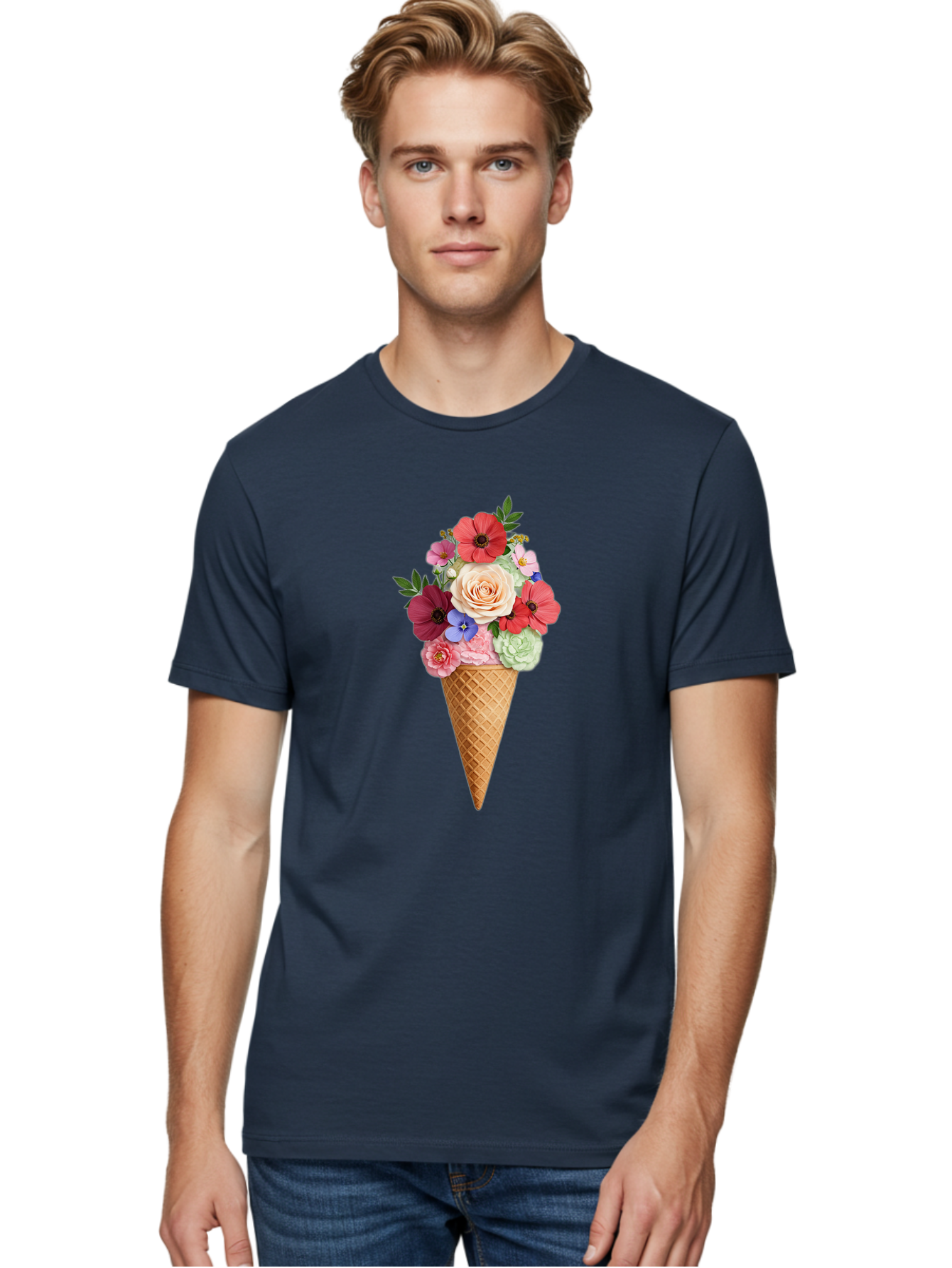 Flower-Ice-Cream-Cone Men'S Graphic Tee, 100% Cotton, Comfortable Casual Summer Wear, Machine Washable, Ice Cream Cone, Flowers, Floral Arrangement, Roses, Poppies, Pastel Colors, Summer Vibes, Sweet Treats, Creative Design, Floral Bouquet Baa688