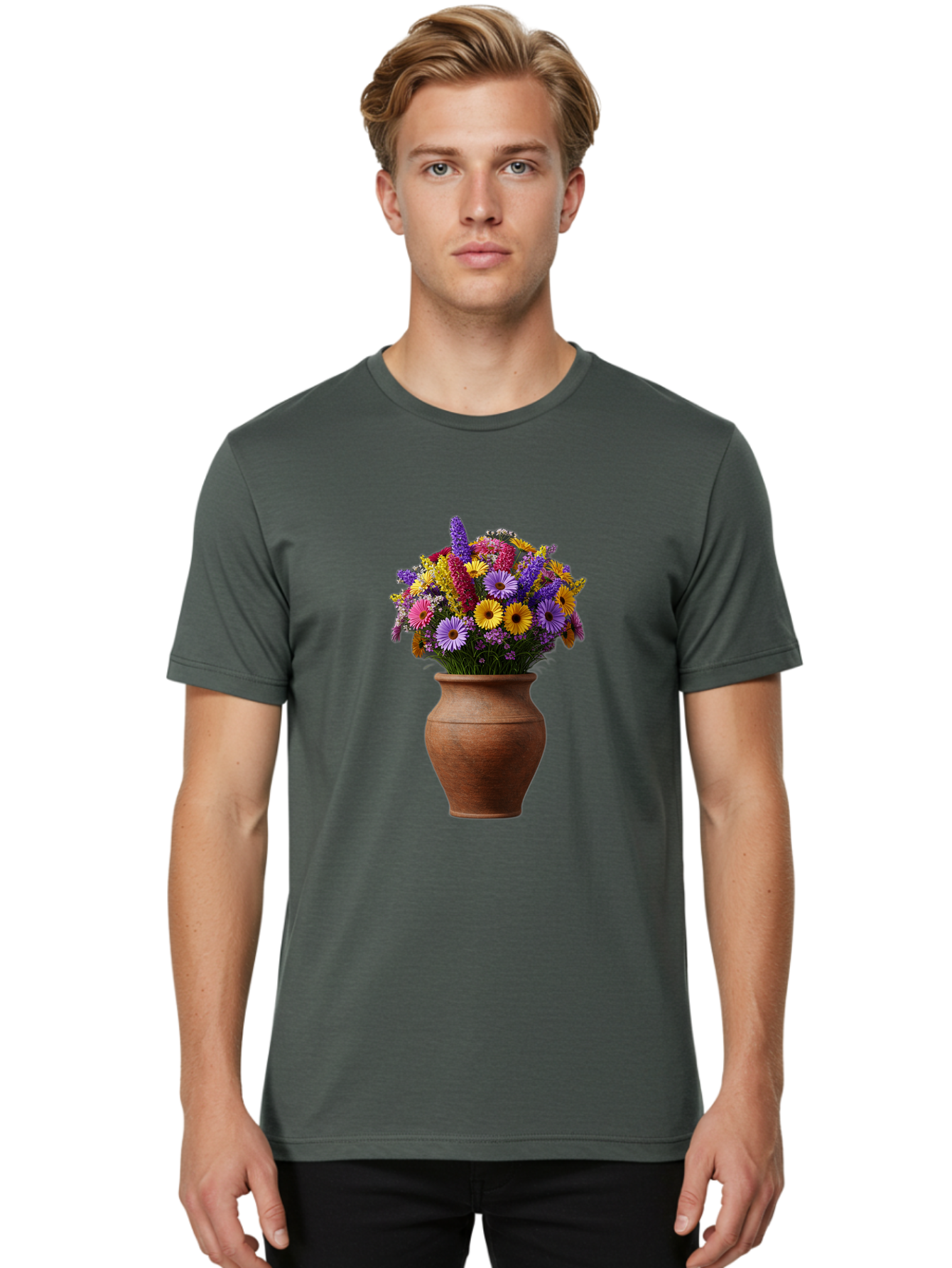 Flower-Pot Men'S Graphic Tee, 100% Cotton, Comfortable Casual Summer Wear, Machine Washable, Colorful Flowers, Floral Arrangement, Mixed Blooms, Vibrant Petals, Clay Vase, Flower Bouquet, Wildflowers, Garden Flowers, Floral Decor Baa689