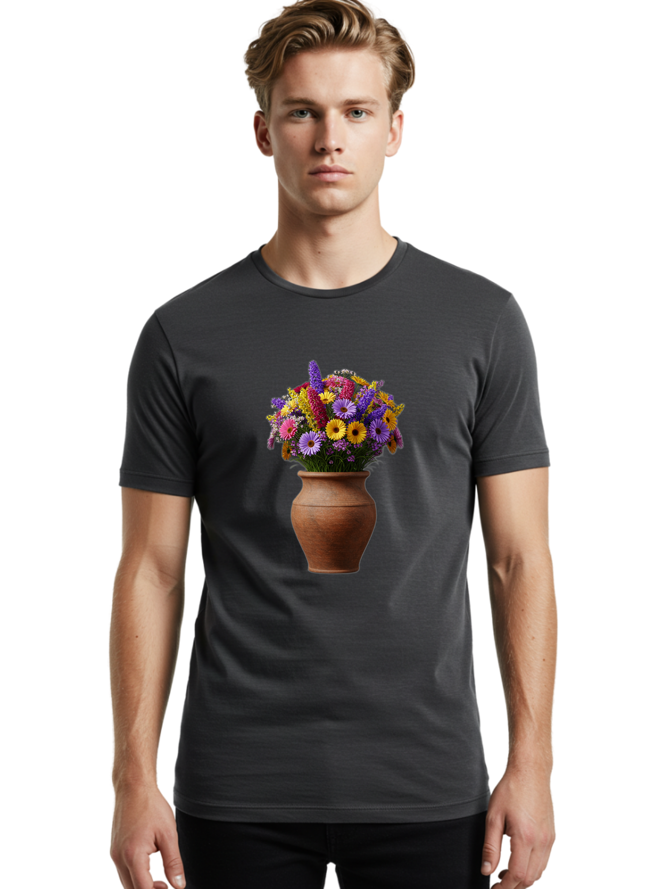 Flower-Pot Men'S Graphic Tee, 100% Cotton, Comfortable Casual Summer Wear, Machine Washable, Colorful Flowers, Floral Arrangement, Mixed Blooms, Vibrant Petals, Clay Vase, Flower Bouquet, Wildflowers, Garden Flowers, Floral Decor Baa689